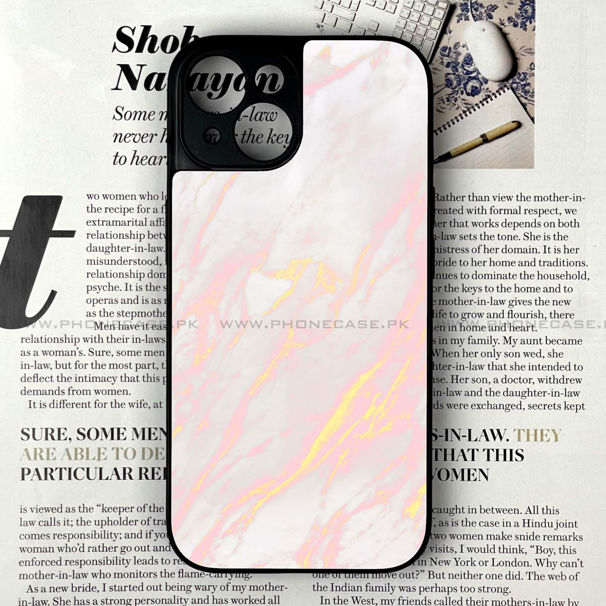 iPhone 14 - Pink Marble Series - Premium Printed Glass soft Bumper shock Proof Case