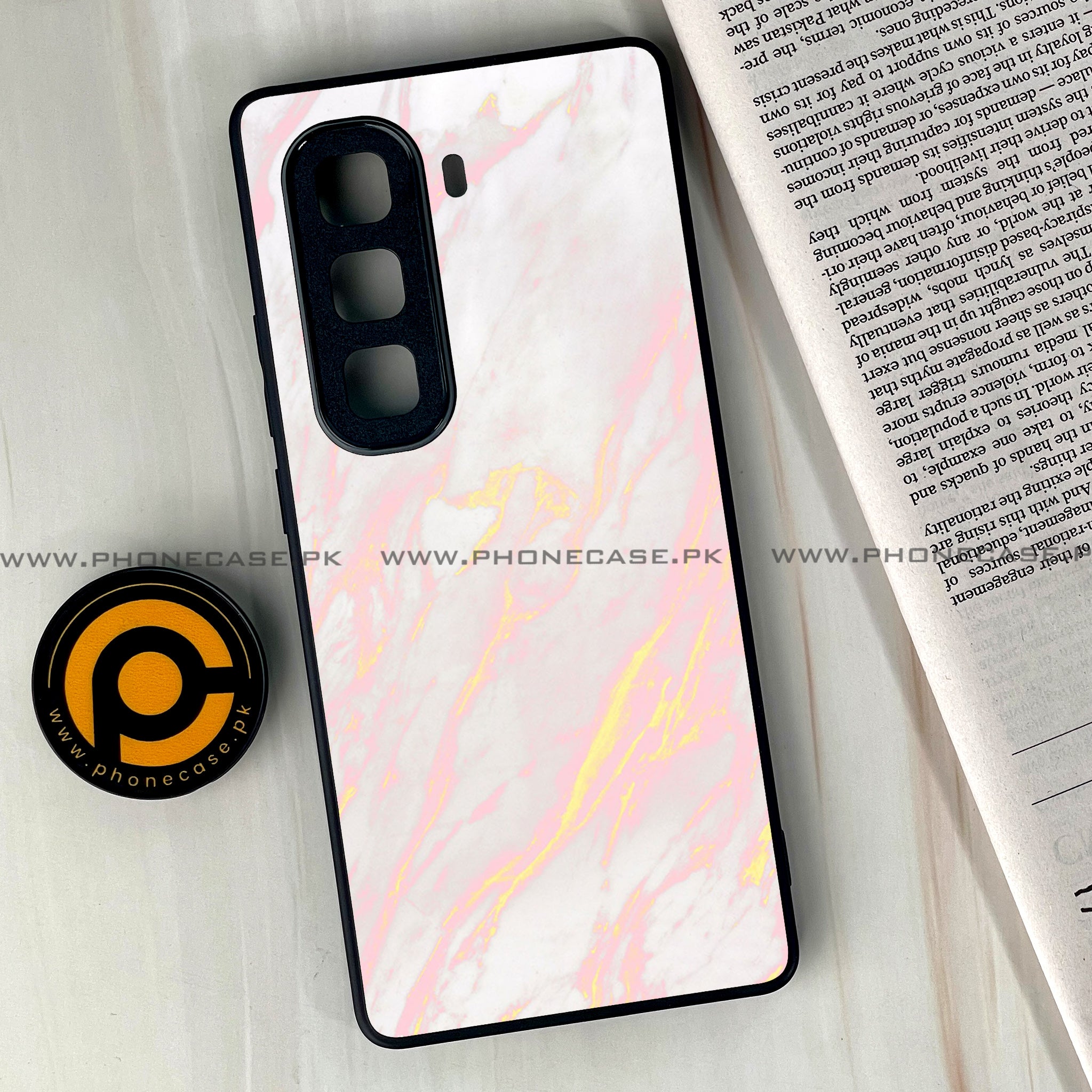 Infinix Hot 50 Pro Plus - Pink Marble Series - Premium Printed Glass soft Bumper shock Proof Case