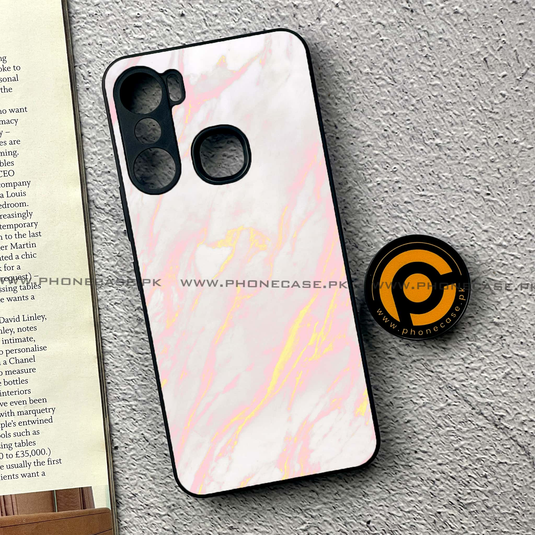 Infinix Hot 12 Pro - Pink Marble Series - Premium Printed Glass soft Bumper shock Proof Case