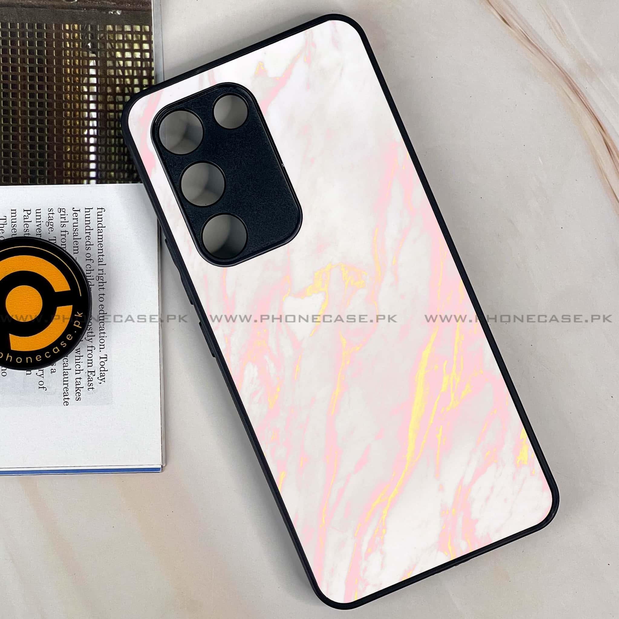 Vivo Y200e - Pink Marble Series - Premium Metal Printed soft Bumper shock Proof Case