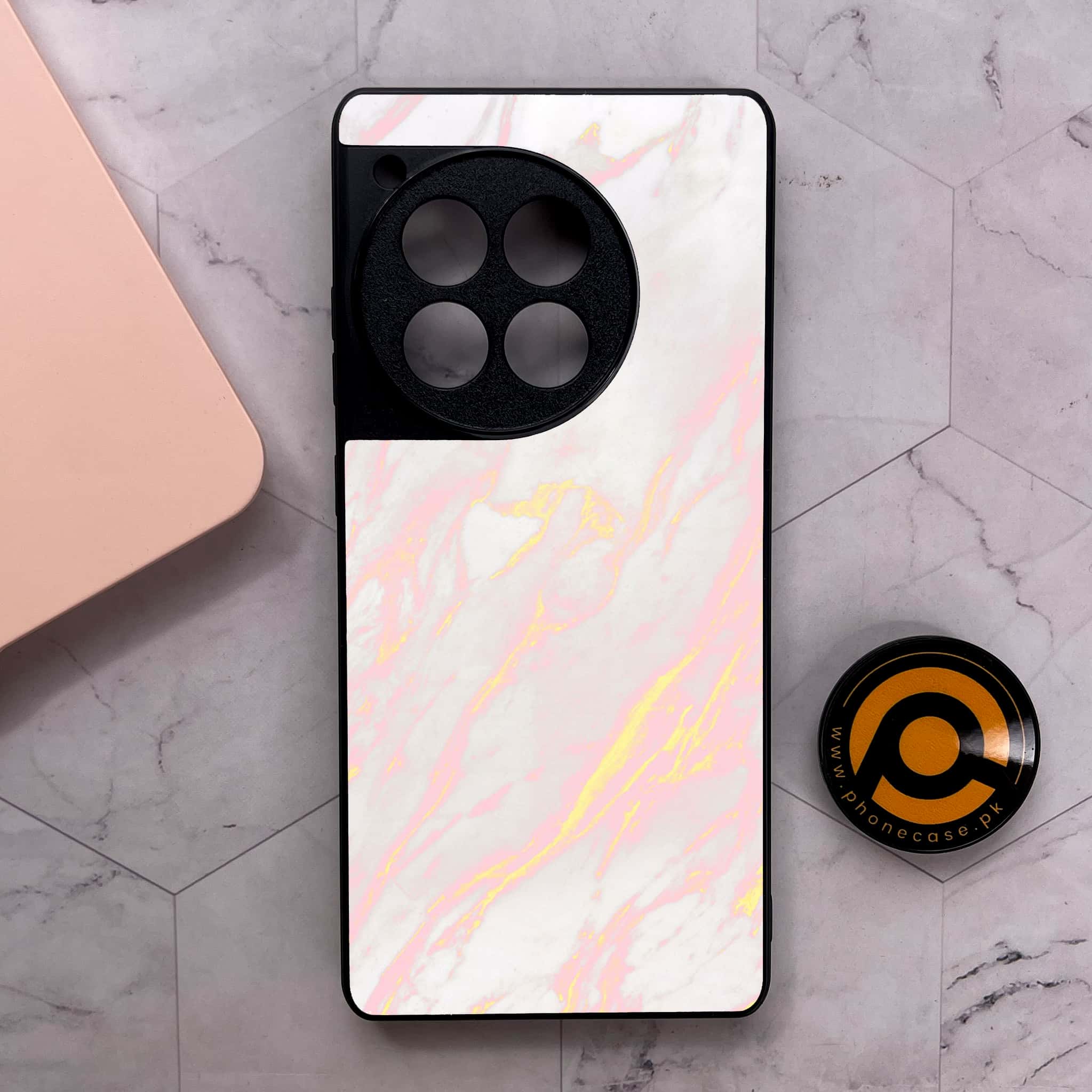 OnePlus 12R - Pink Marble Series - Premium Metal Printed soft Bumper shock Proof Case