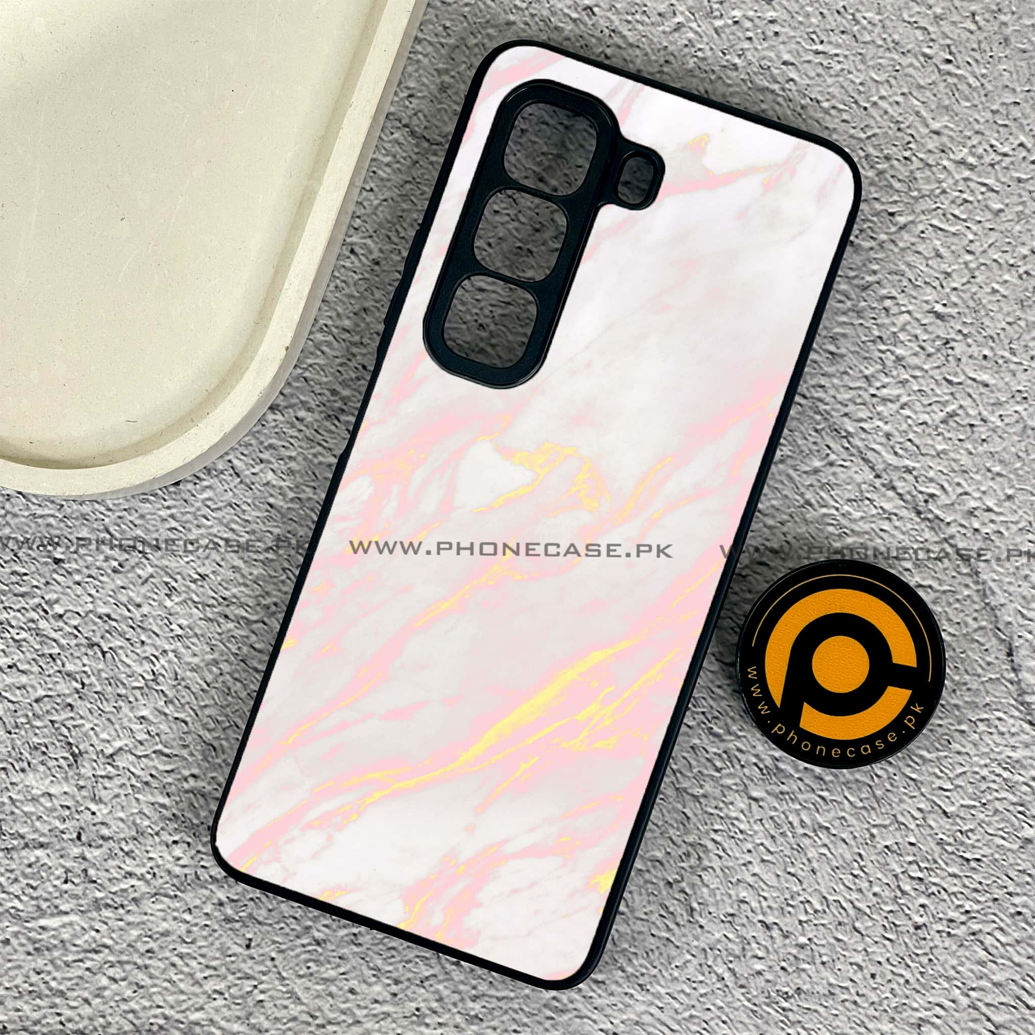 Infinix Hot 50 Pro - Pink Marble Series - Premium Printed Glass soft Bumper shock Proof Case