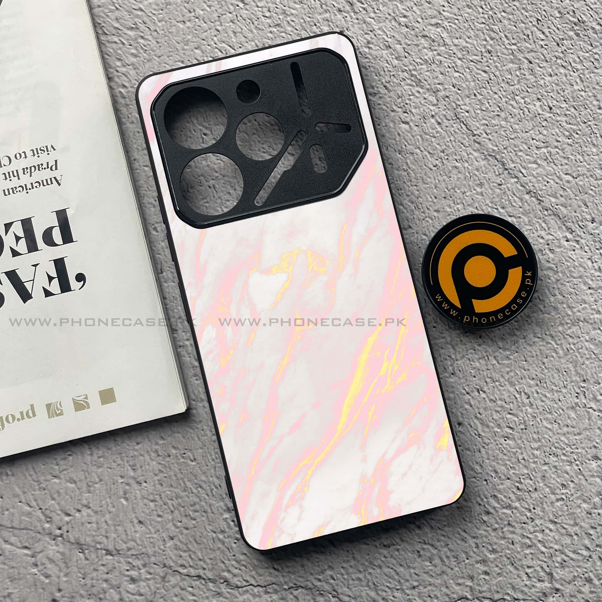 Tecno Pova 6 Pro - Pink Marble Series - Premium Printed Glass soft Bumper shock Proof Case