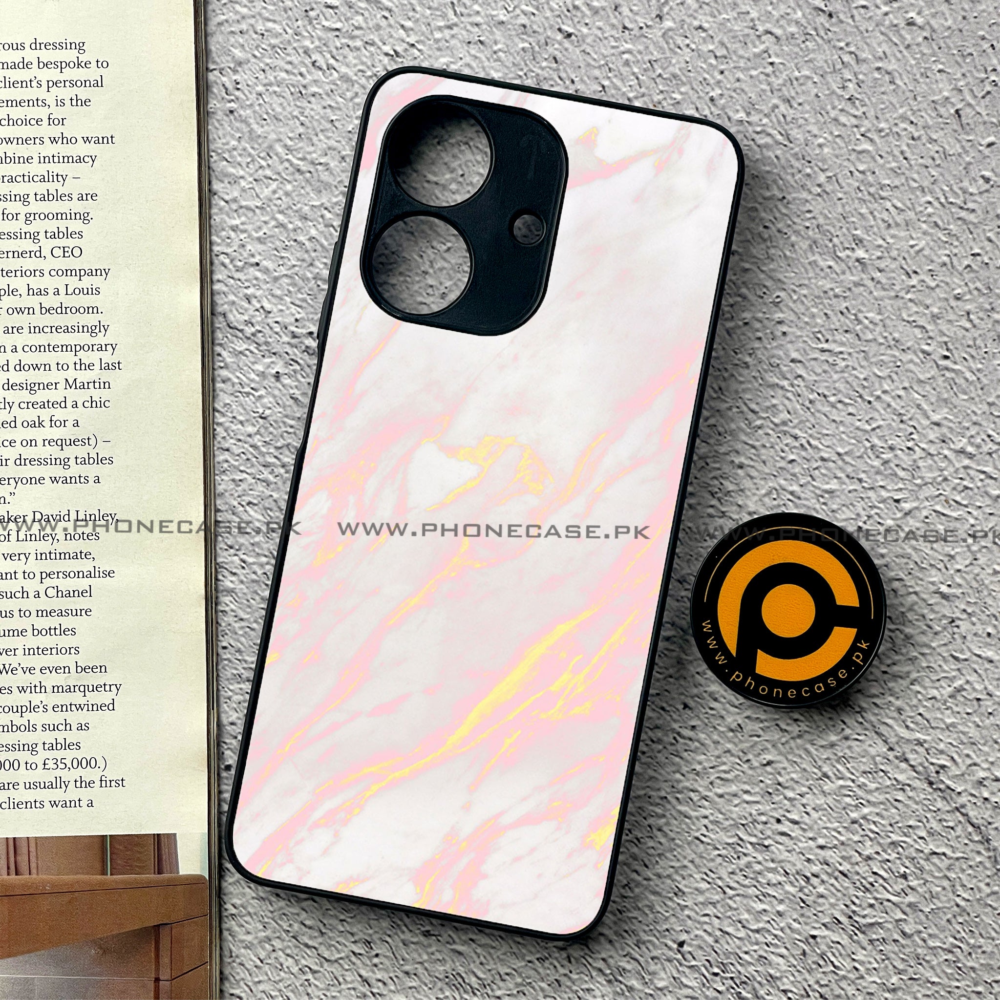 Realme Note 60 - Pink Marble Series - Premium Printed Glass soft Bumper shock Proof Case