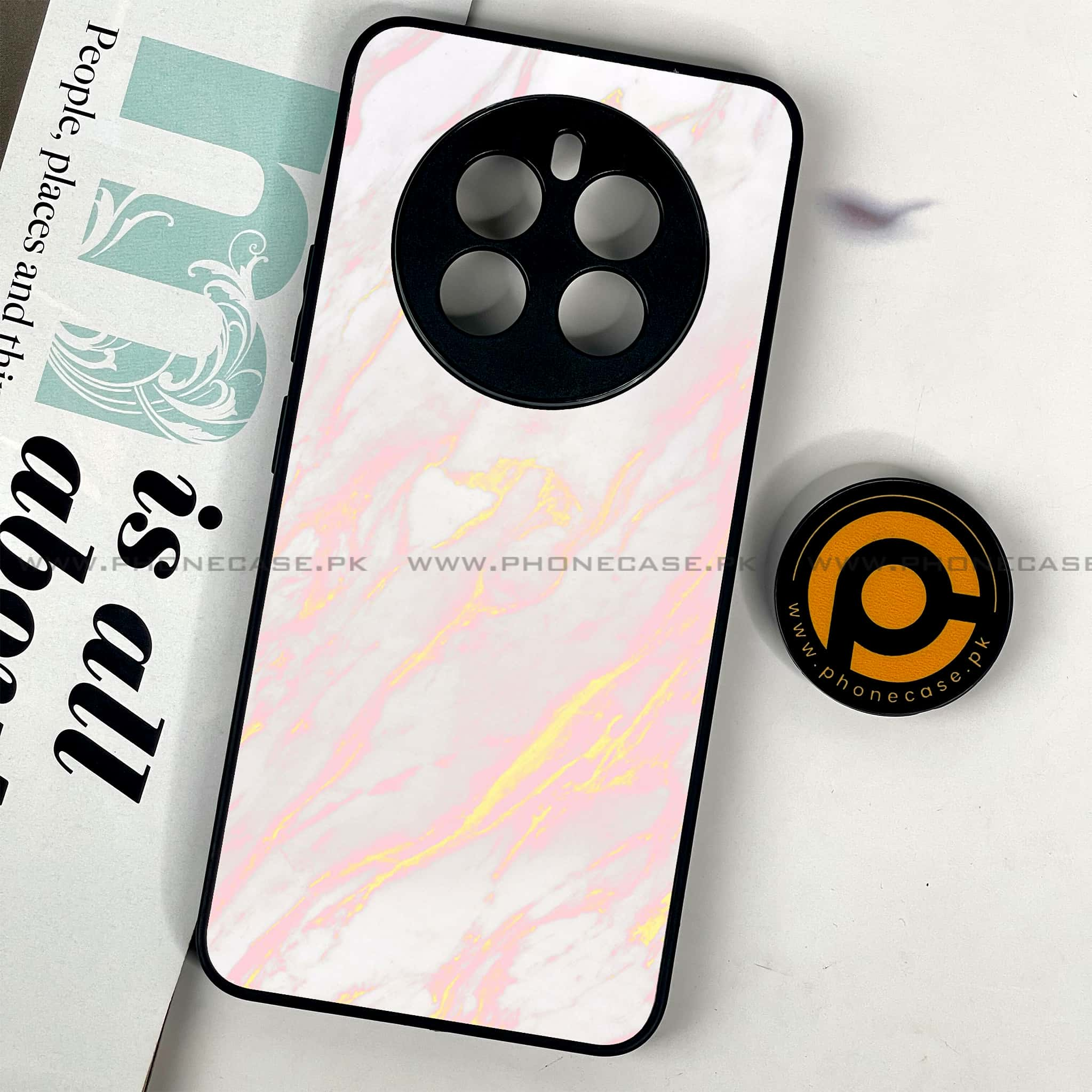 Realme 12 Plus 5G - Pink Marble Series - Premium Printed Glass soft Bumper shock Proof Case