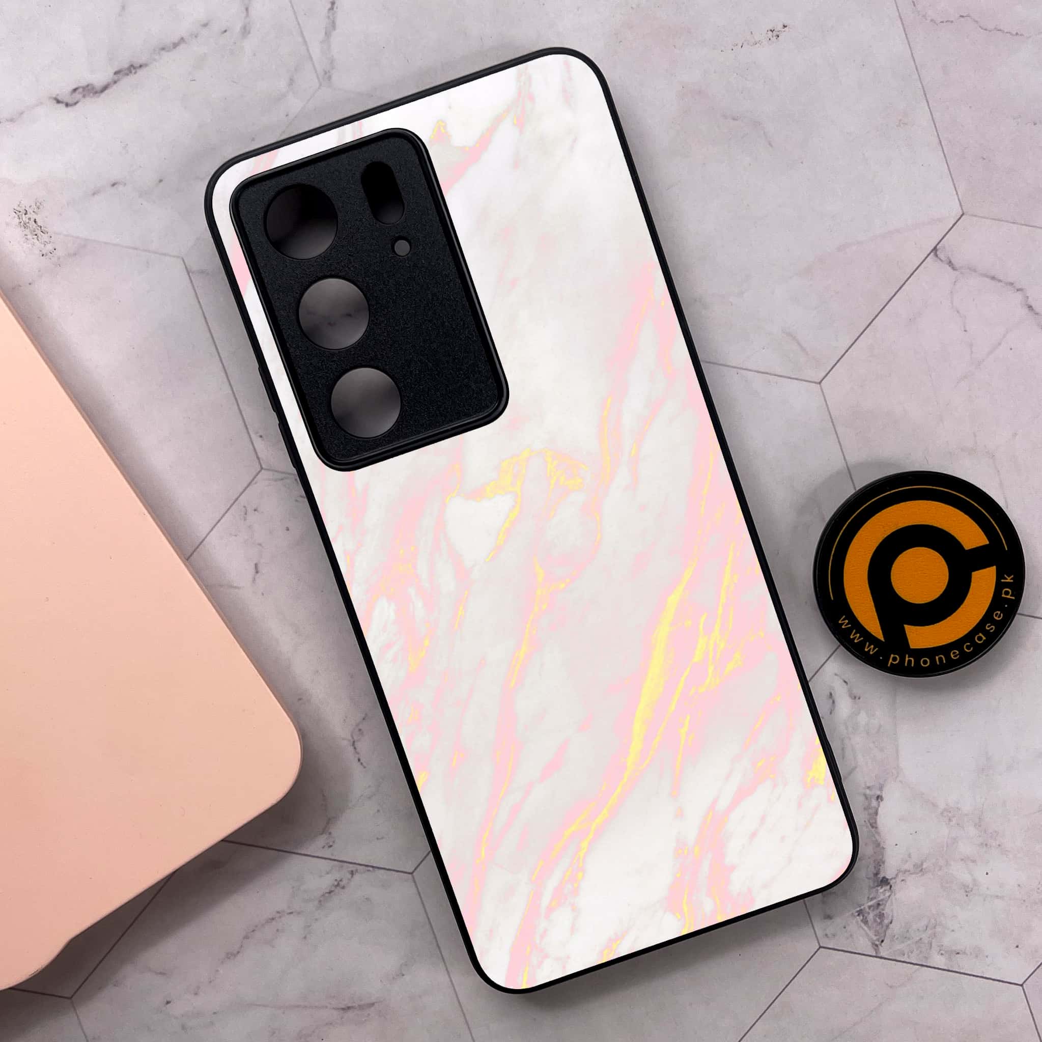 Realme C75x 4G - Pink Marble Series - Premium Metal Printed soft Bumper shock Proof Case