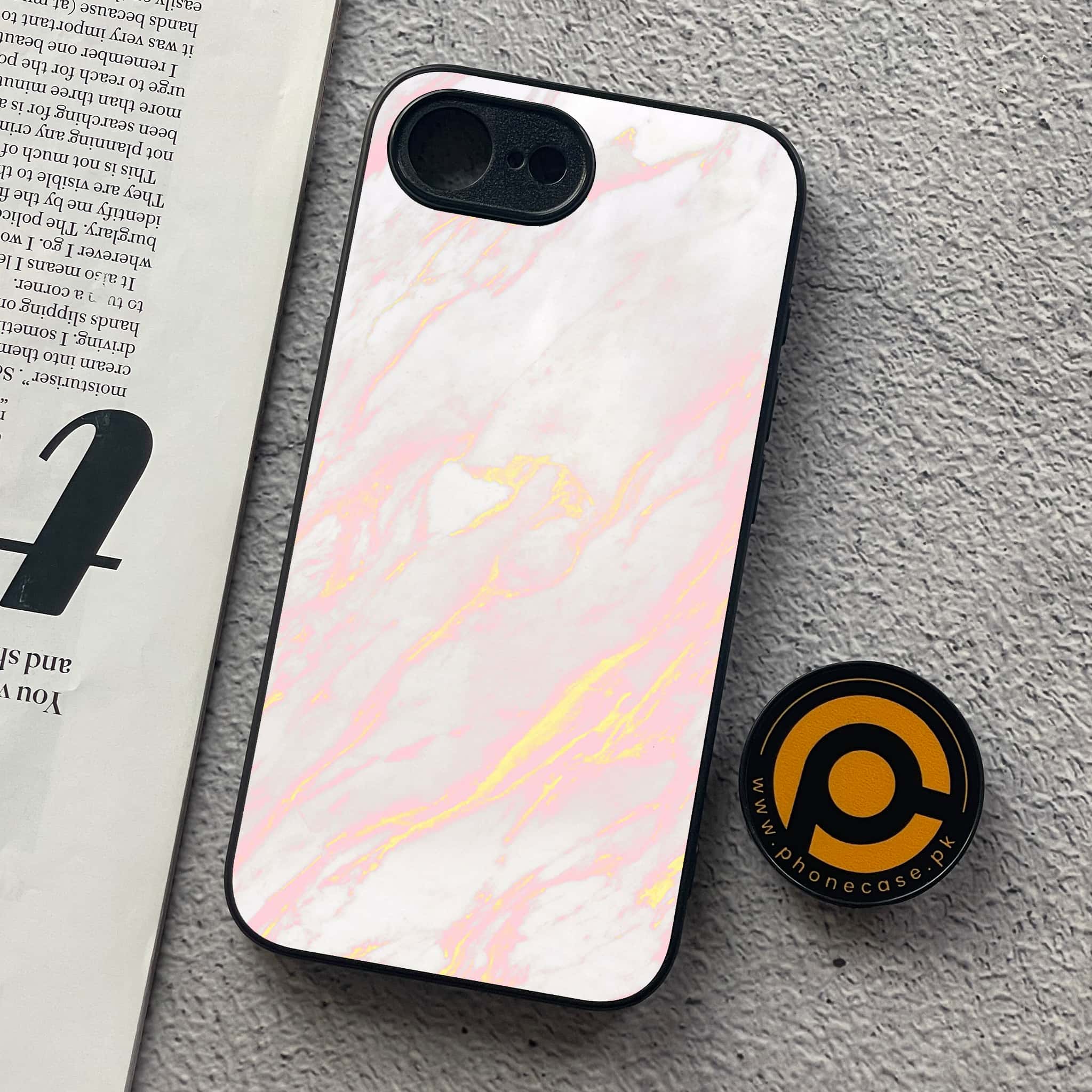iPhone 16e - Pink Marble Series - Premium Metal  Printed soft Bumper shock Proof Case