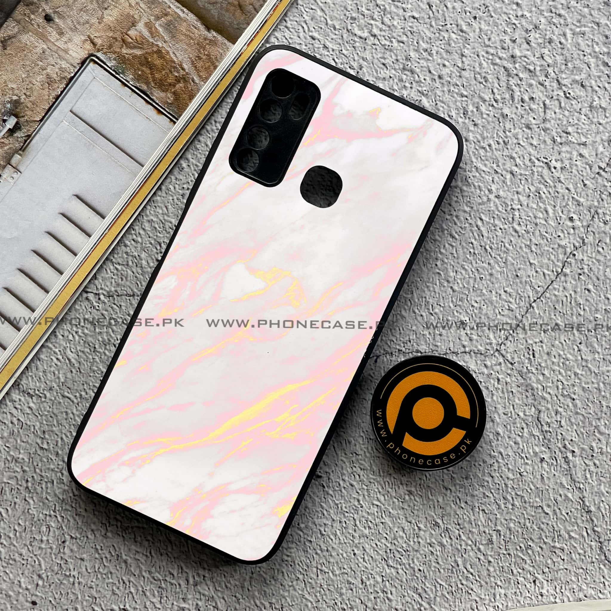 Infinix Note 7 Lite - Pink Marble Series - Premium Printed Metal soft Bumper shock Proof Case