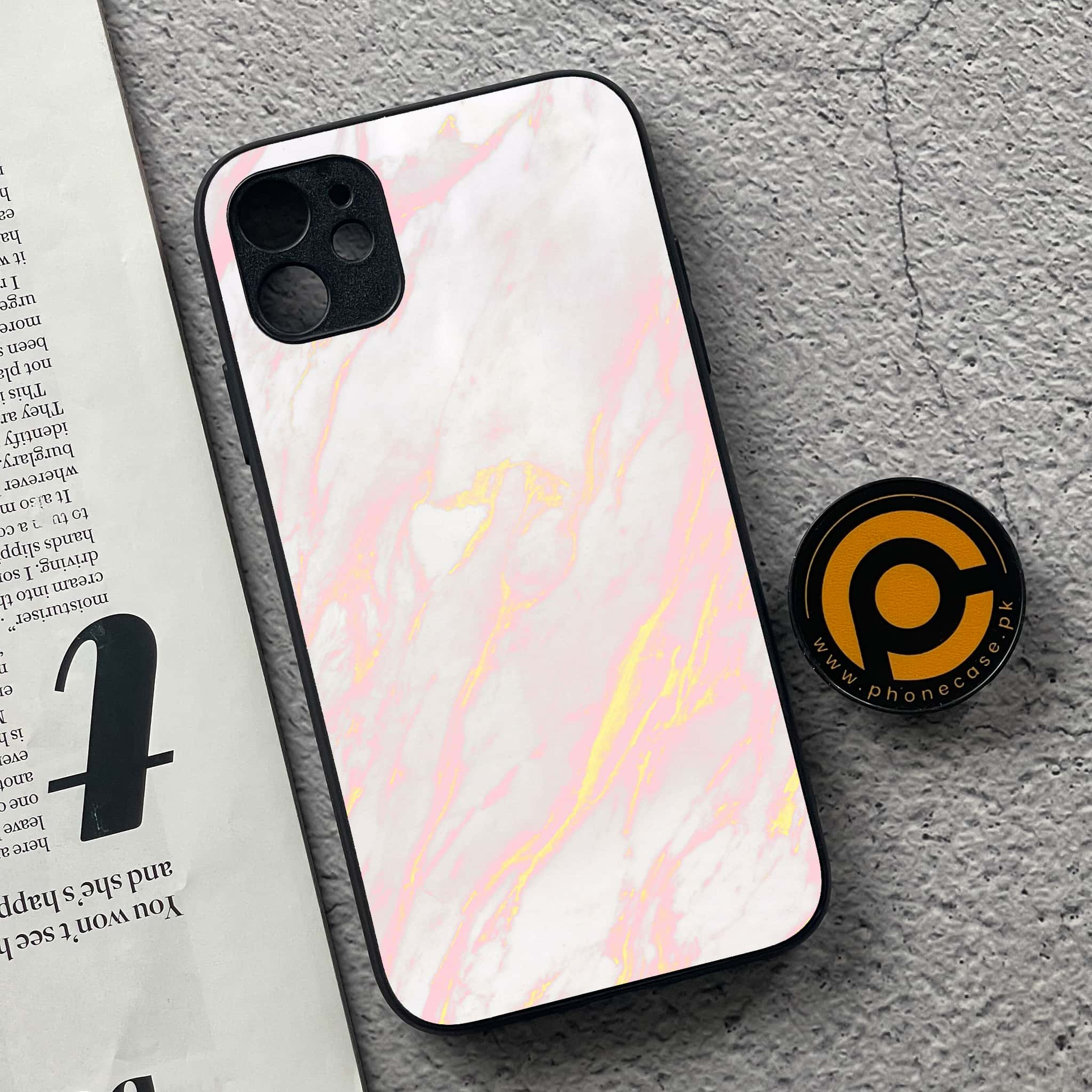 iPhone 11  Pink Marble Series Premium Printed Glass soft Bumper shock Proof Case