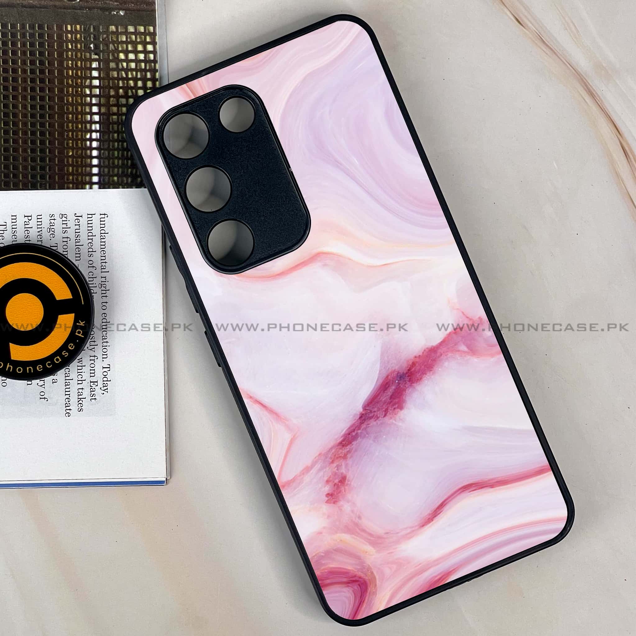 Vivo Y200e - Pink Marble Series - Premium Metal Printed soft Bumper shock Proof Case