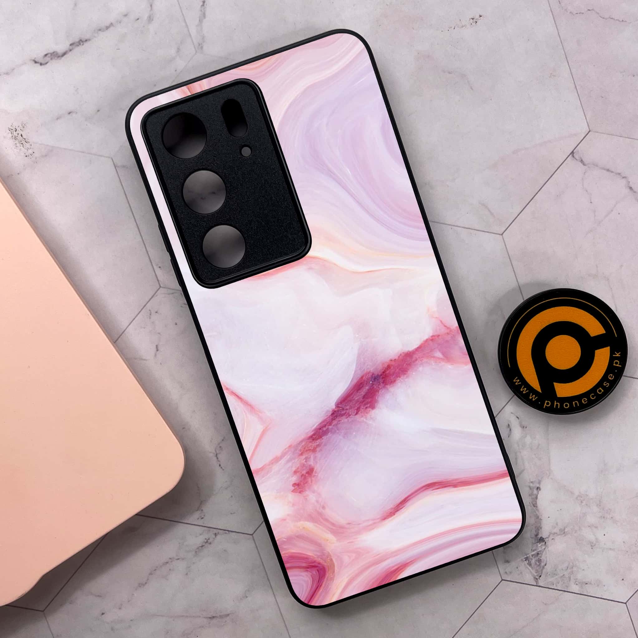 Realme C75x 4G - Pink Marble Series - Premium Metal Printed soft Bumper shock Proof Case