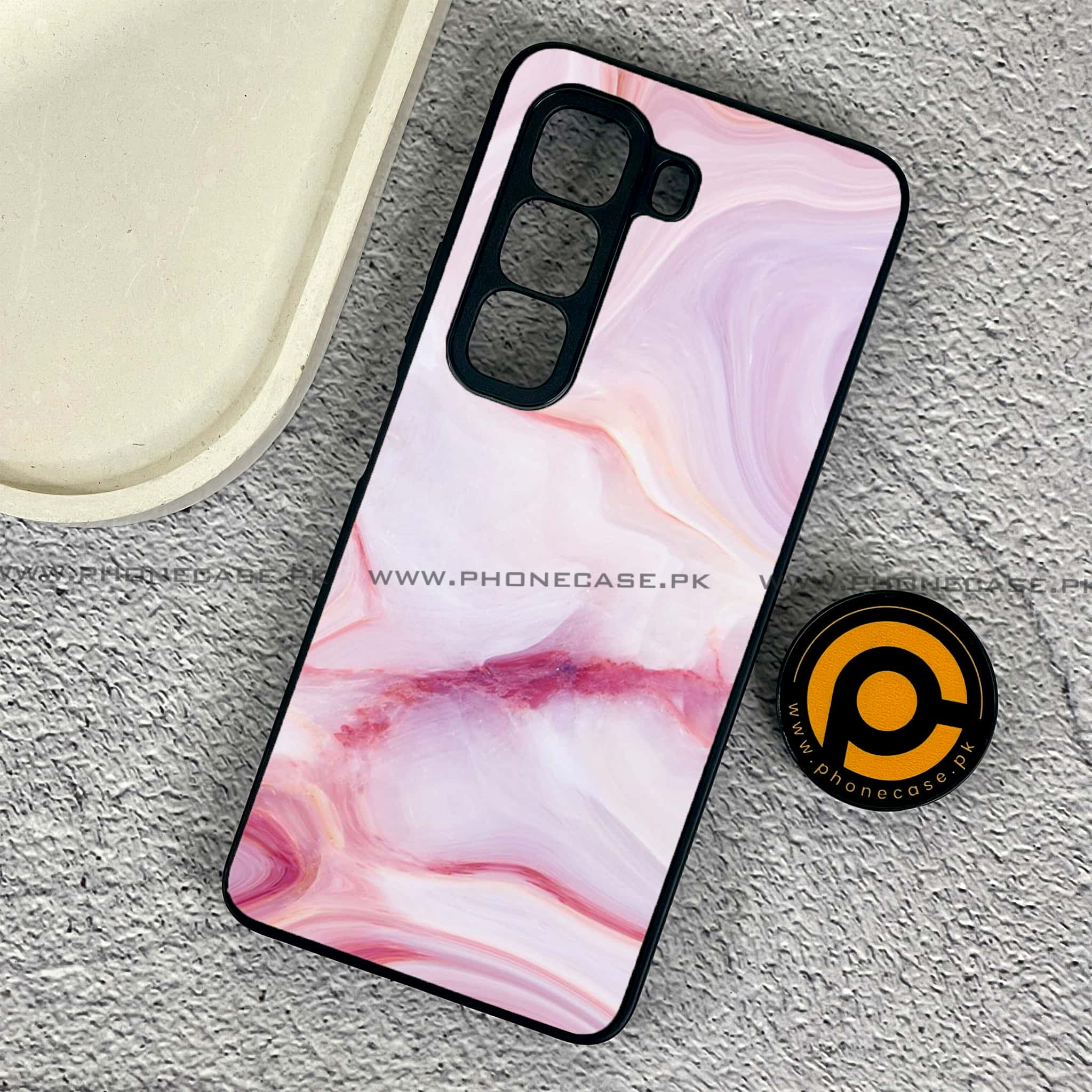 Infinix Hot 50 Pro - Pink Marble Series - Premium Printed Glass soft Bumper shock Proof Case