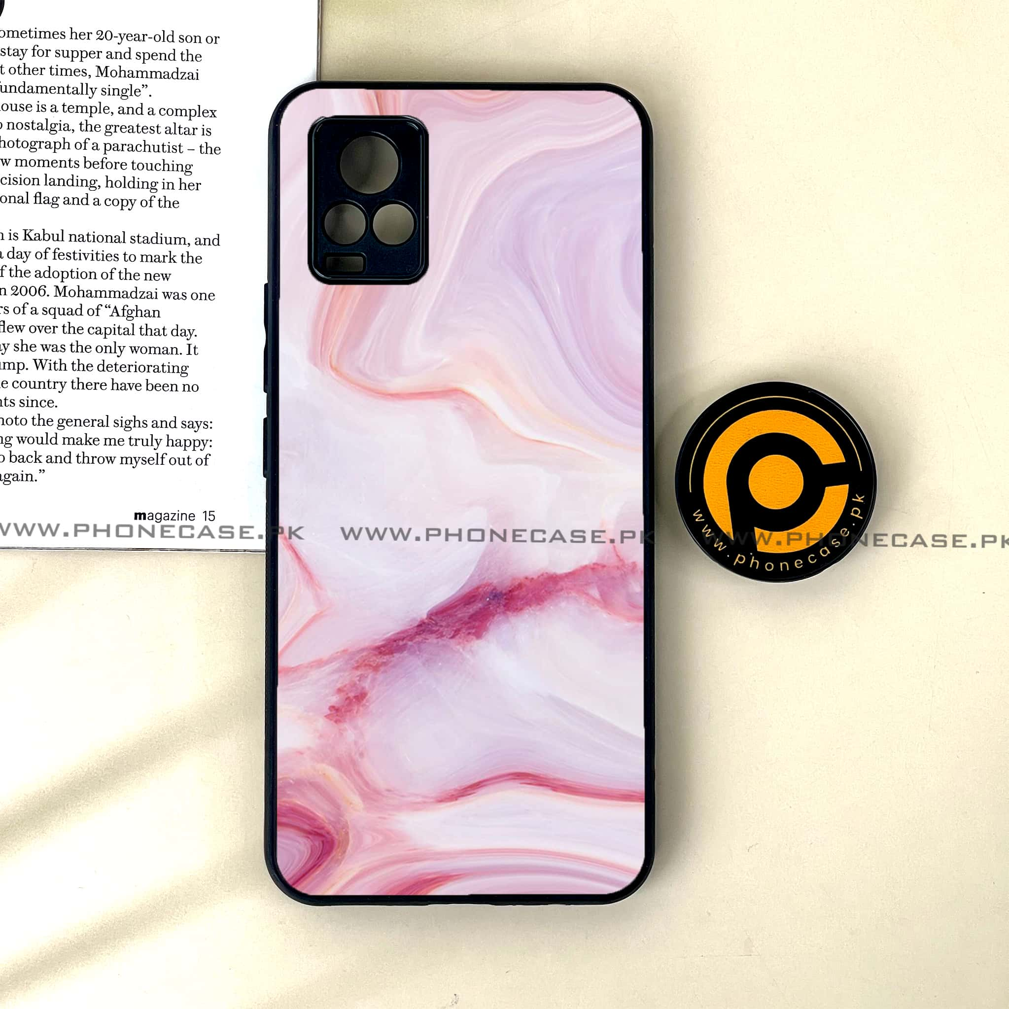 Vivo V20 - Pink Marble Series - Premium Printed Glass soft Bumper shock Proof Case