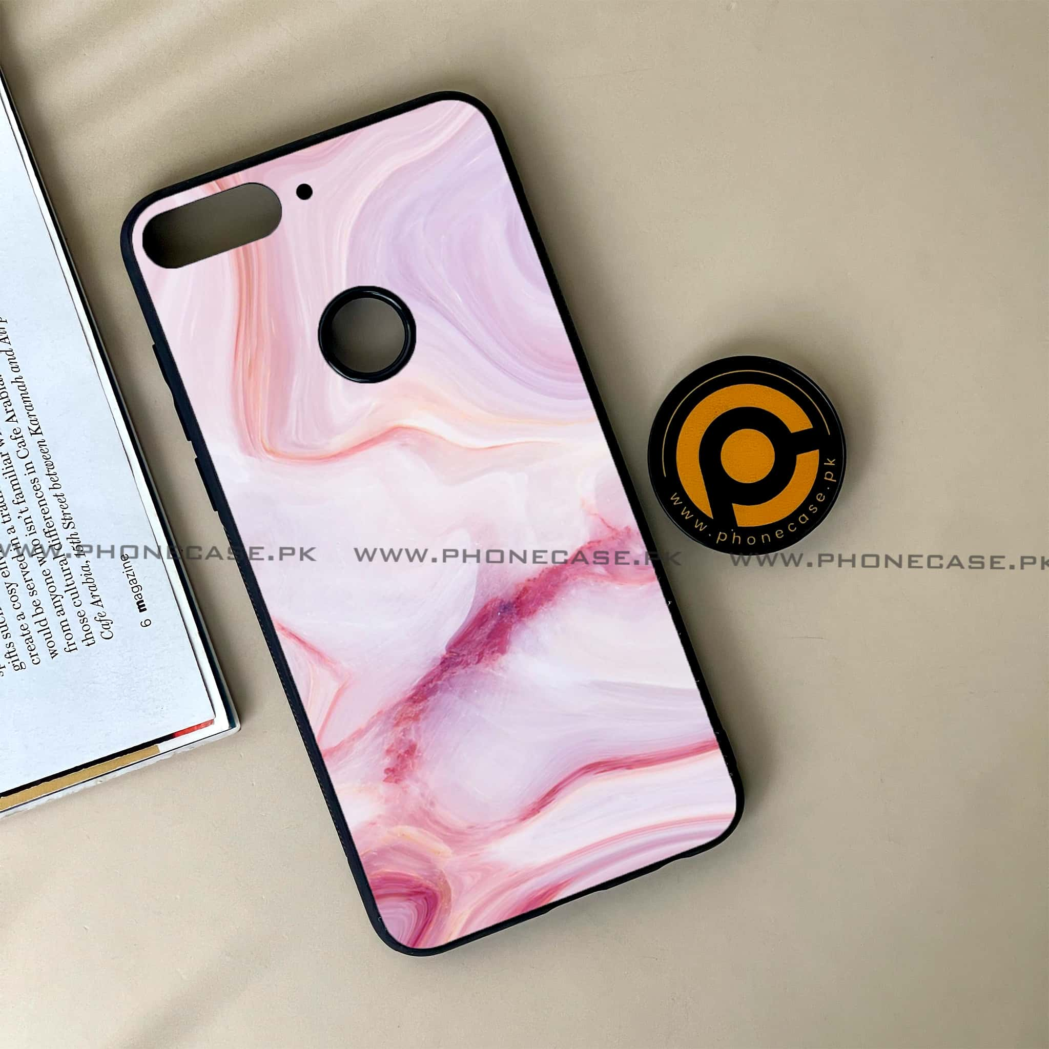 Huawei Y7 Prime (2018) -  Pink Marble Series - Premium Printed Glass soft Bumper shock Proof Case