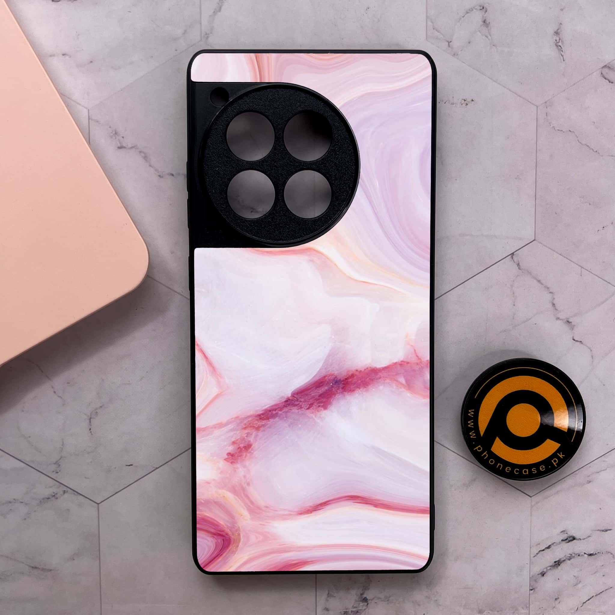 OnePlus 12R - Pink Marble Series - Premium Metal Printed soft Bumper shock Proof Case