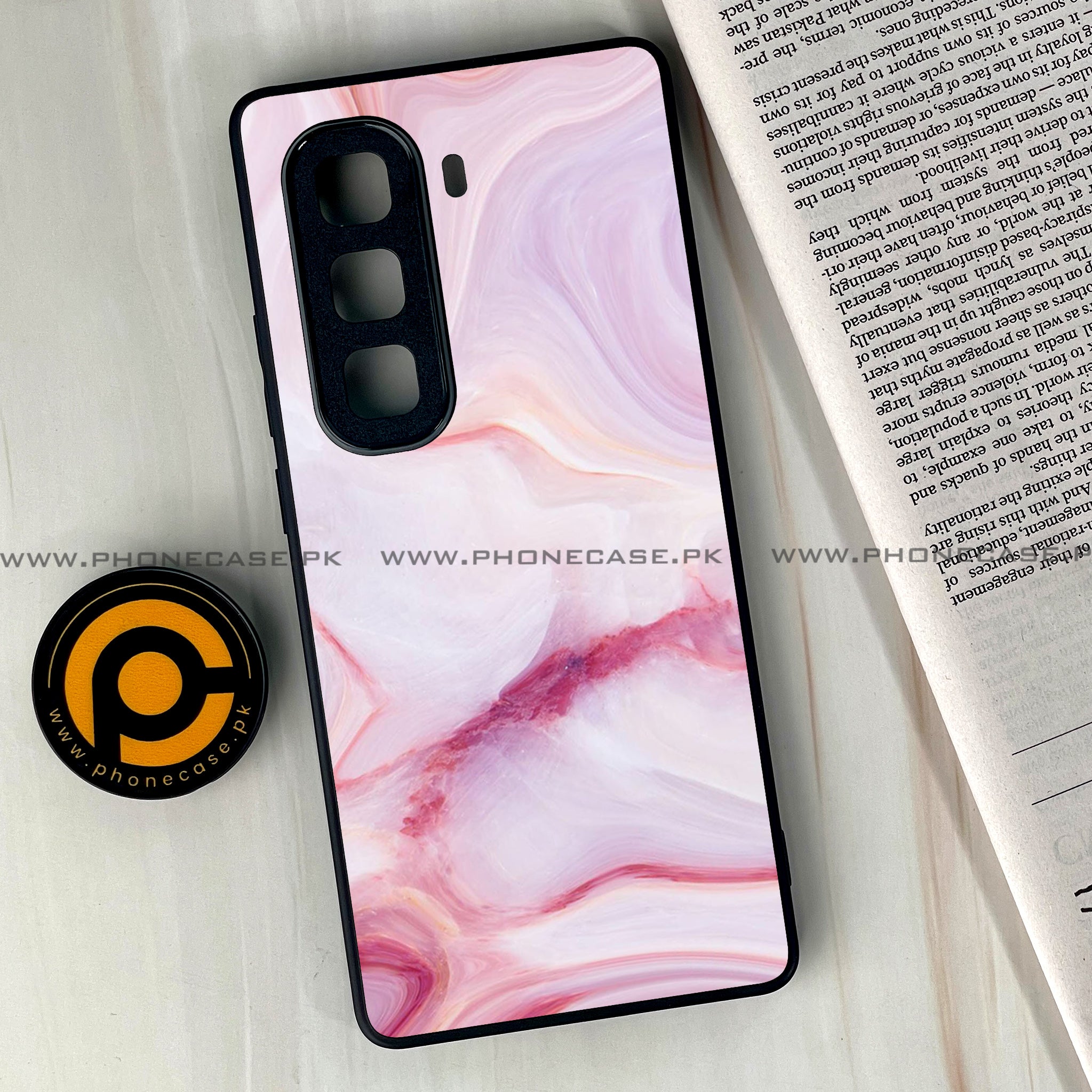 Infinix Hot 50 Pro Plus - Pink Marble Series - Premium Printed Glass soft Bumper shock Proof Case