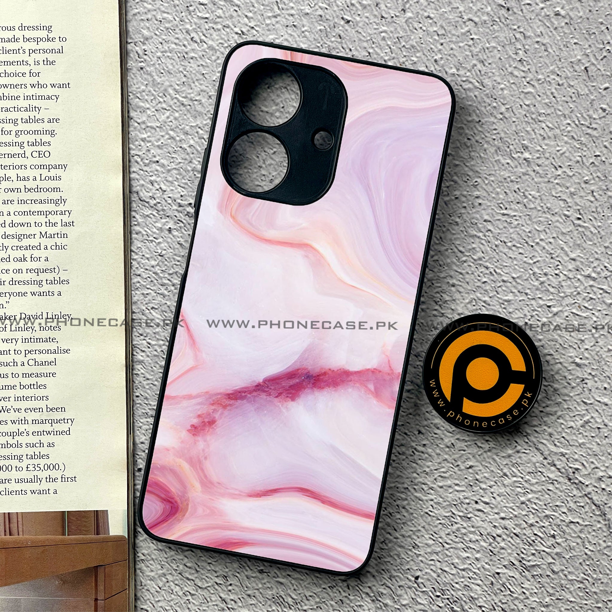 Realme Note 60 - Pink Marble Series - Premium Printed Glass soft Bumper shock Proof Case