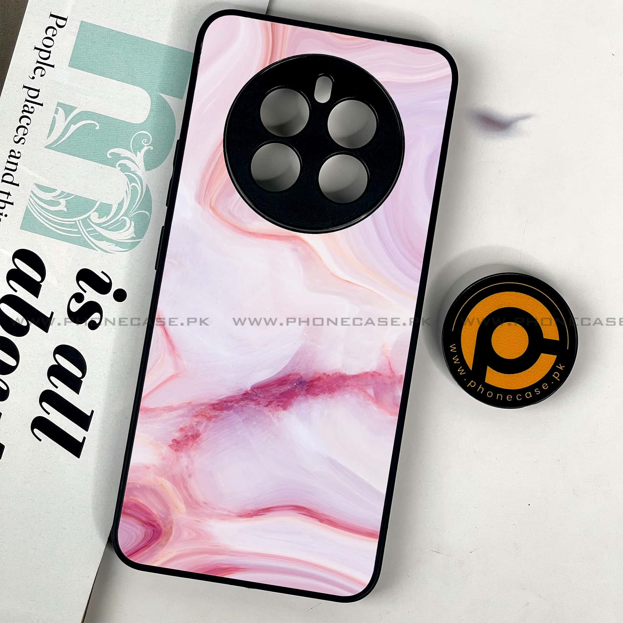 Realme 12 Plus 5G - Pink Marble Series - Premium Printed Glass soft Bumper shock Proof Case