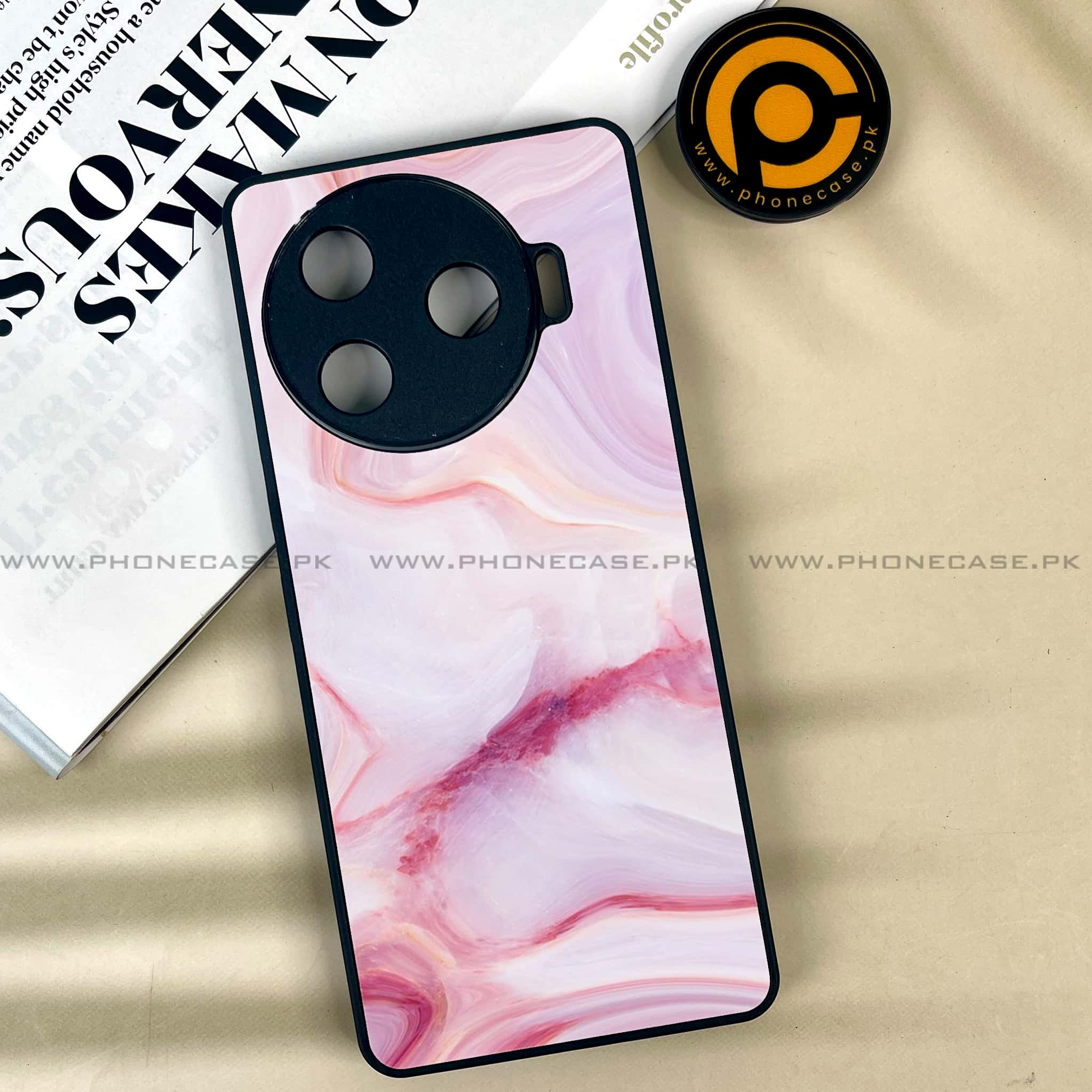 Tecno Camon 30 Pro - Pink Marble Series - Premium Printed Glass soft Bumper shock Proof Case