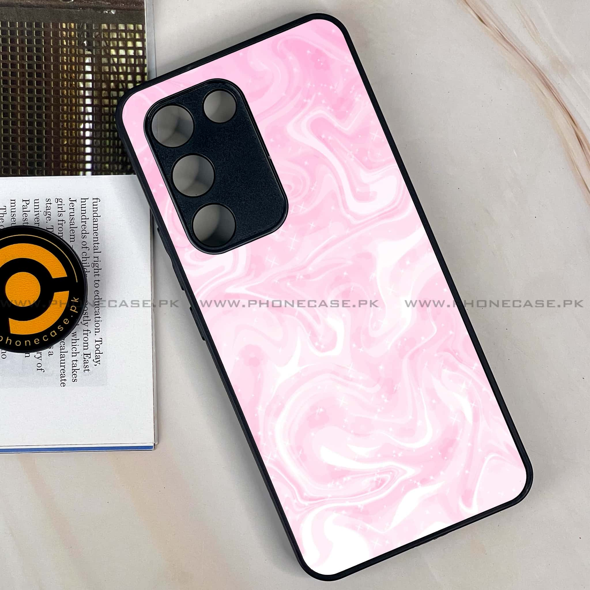 Vivo Y100 - Pink Marble Series - Premium Printed Glass soft Bumper shock Proof Case