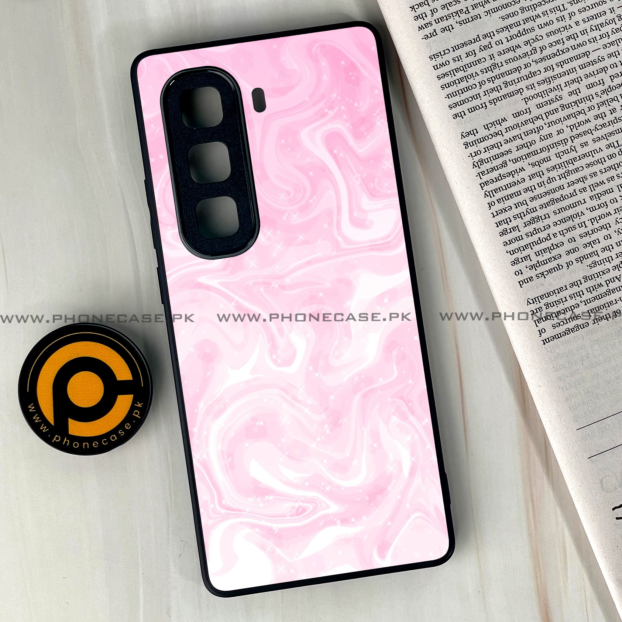 Infinix Hot 50 Pro Plus - Pink Marble Series - Premium Printed Glass soft Bumper shock Proof Case