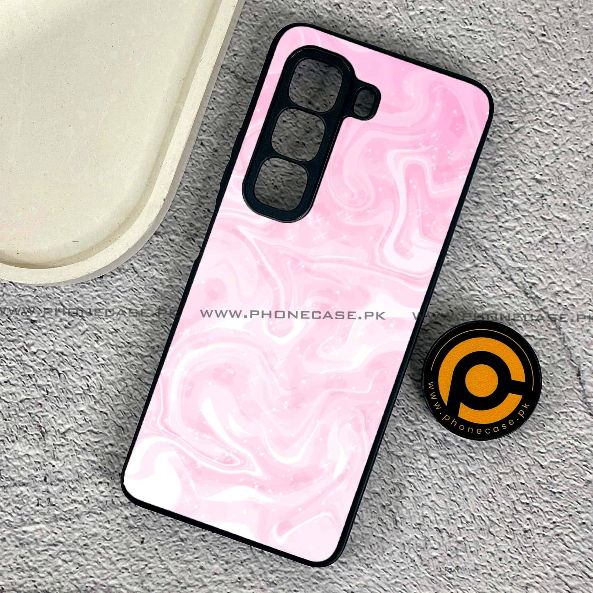 Infinix Hot 50 Pro - Pink Marble Series - Premium Printed Glass soft Bumper shock Proof Case