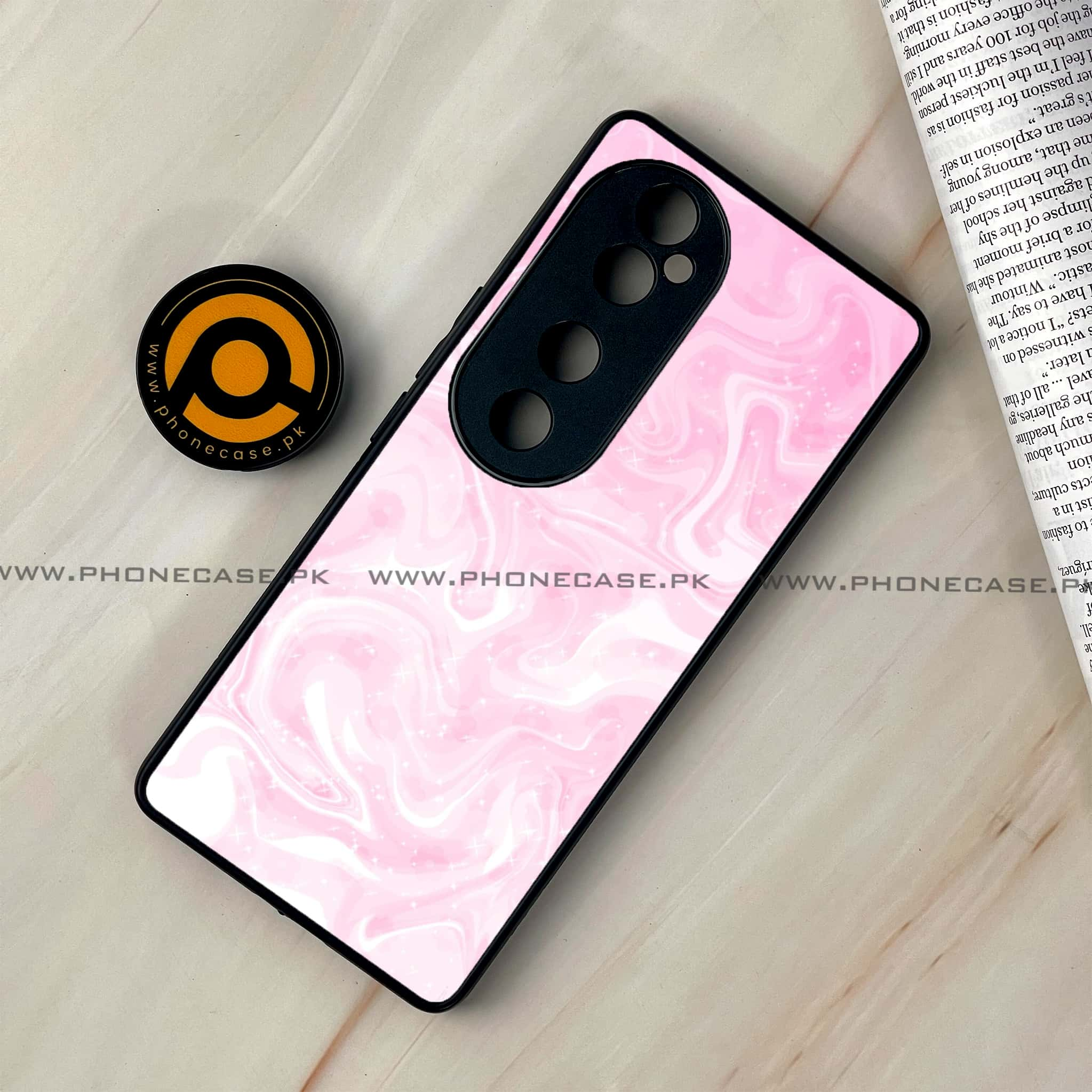 Vivo V40 - Pink Marble Series - Premium Printed Glass soft Bumper shock Proof Case