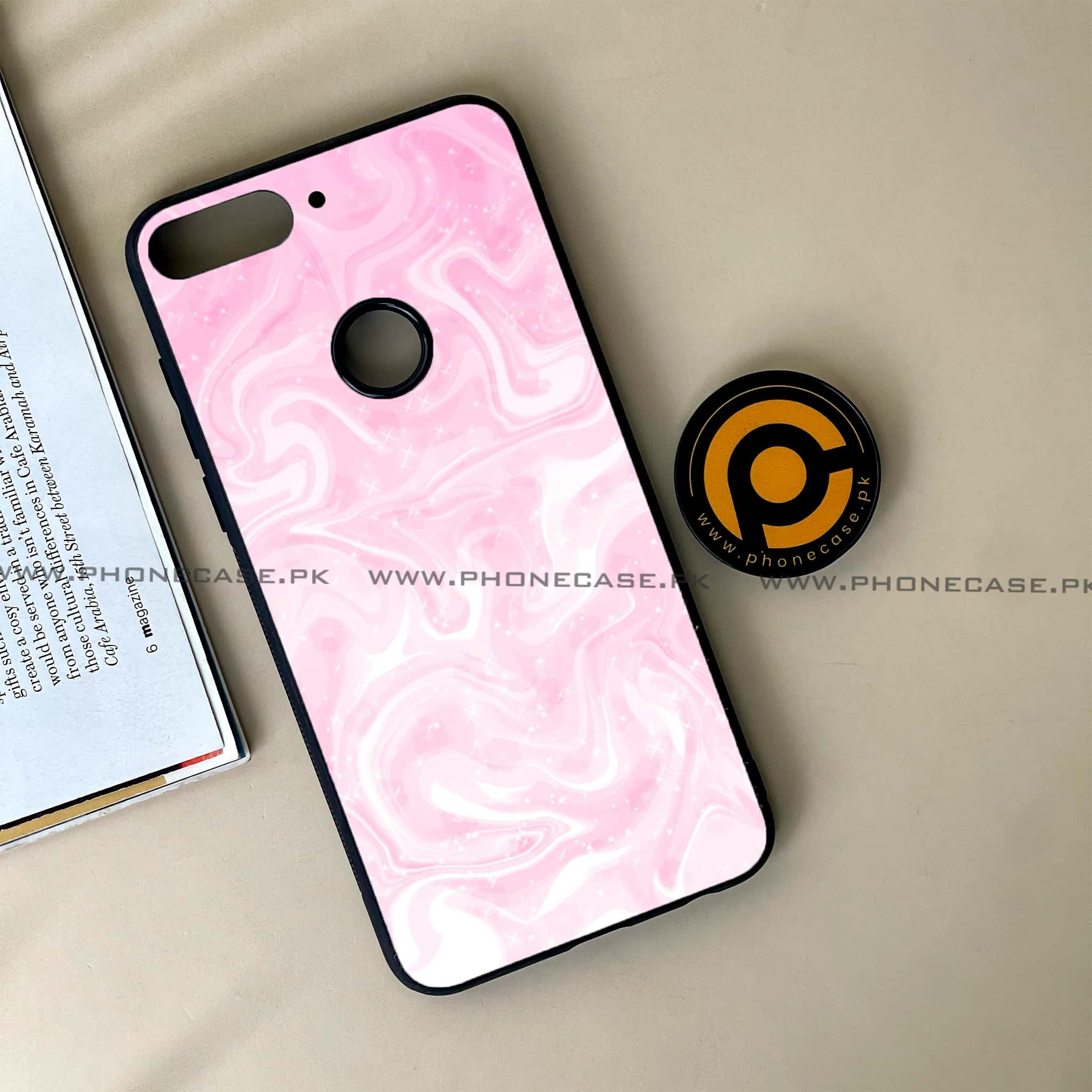 Huawei Y7 Prime (2018) -  Pink Marble Series - Premium Printed Glass soft Bumper shock Proof Case