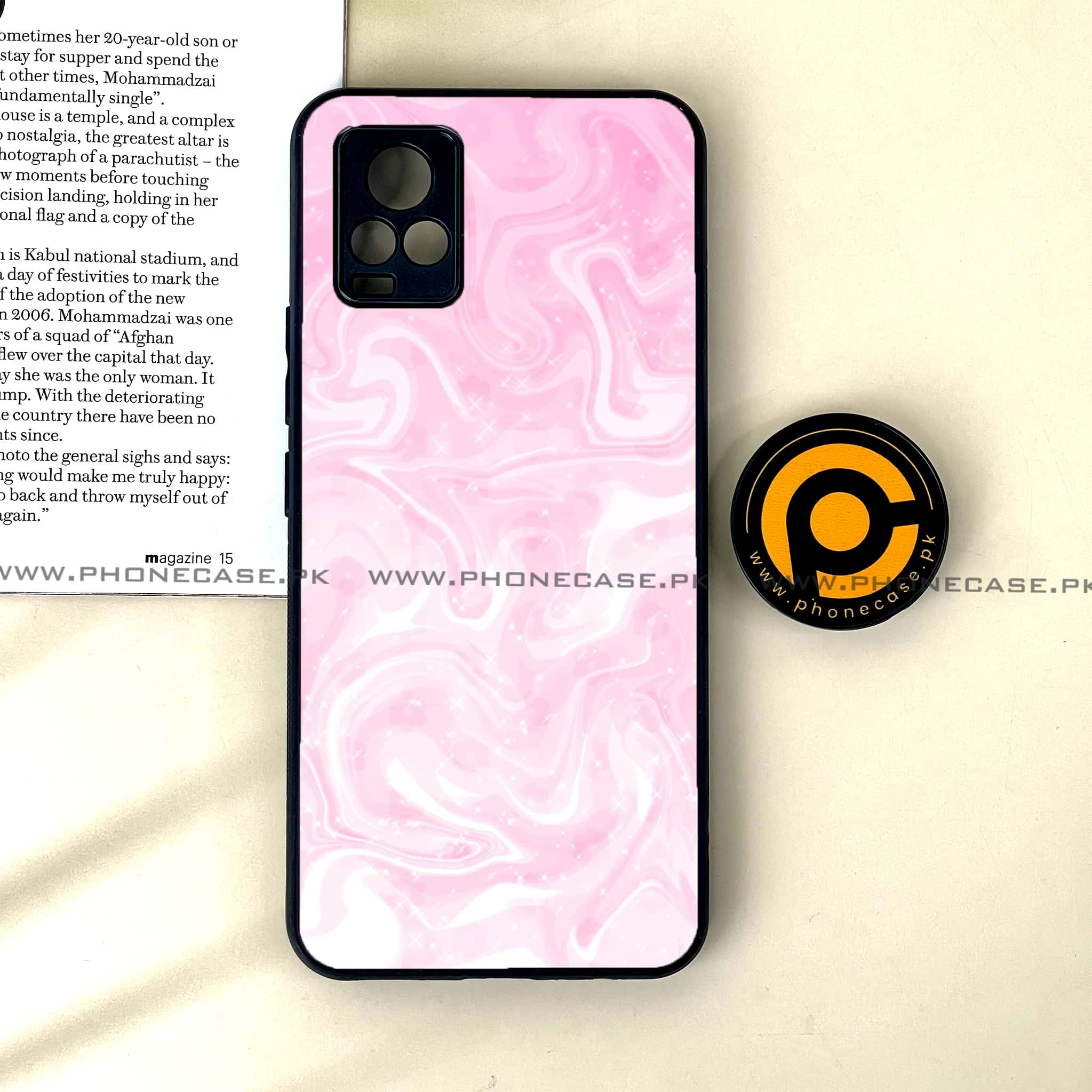 Vivo V20 - Pink Marble Series - Premium Printed Glass soft Bumper shock Proof Case