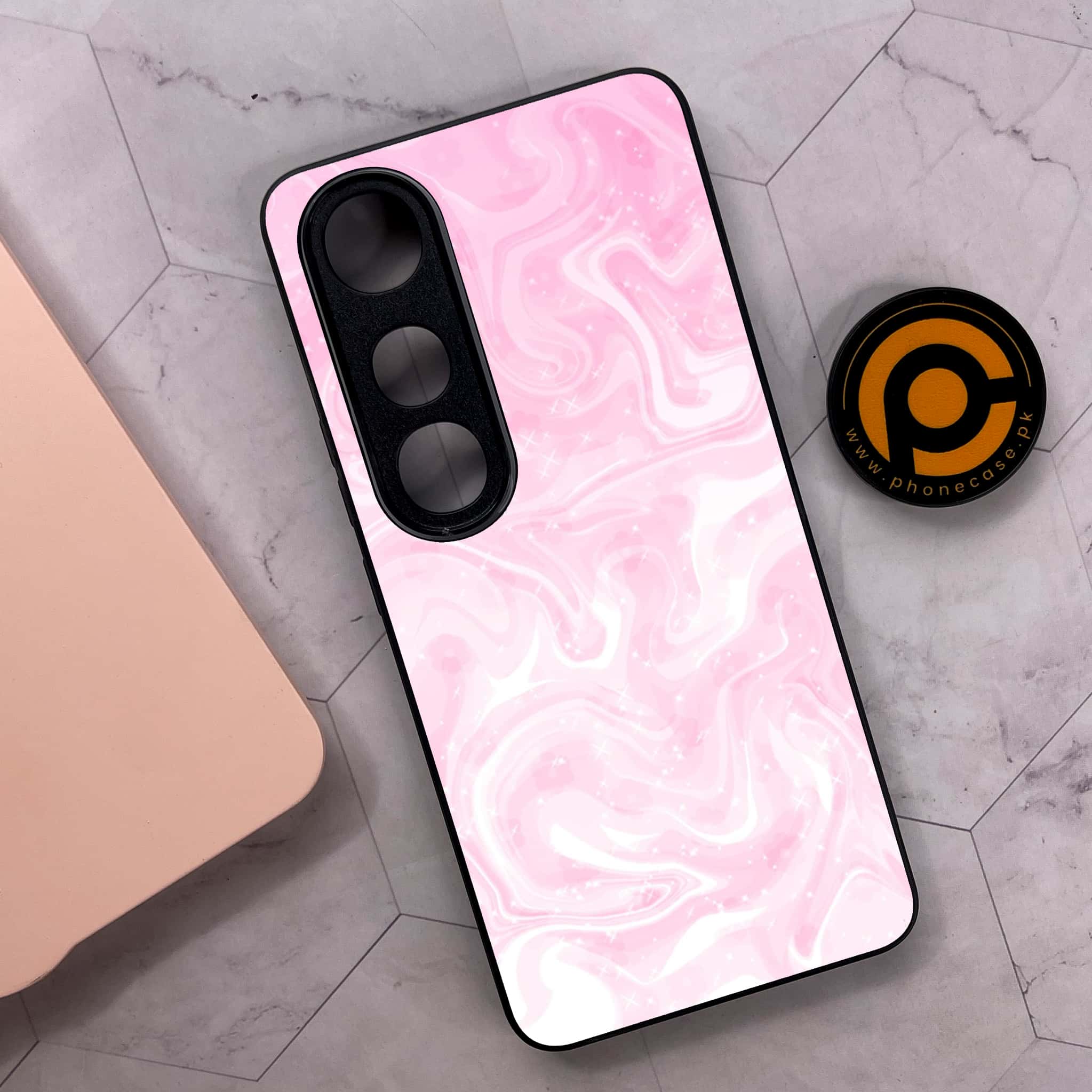Vivo V50 Lite - Pink Marble Series - Premium Metal Printed soft Bumper shock Proof Case