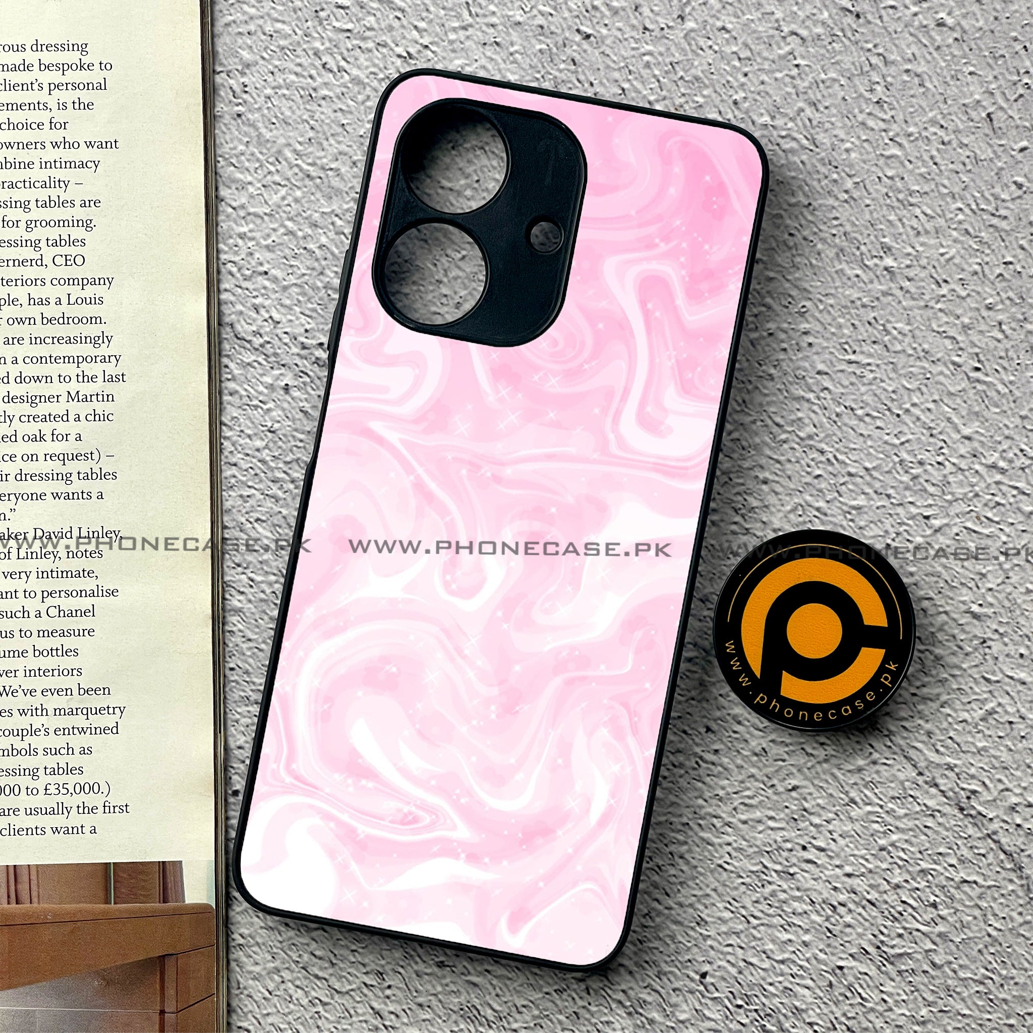 Realme Note 60 - Pink Marble Series - Premium Printed Glass soft Bumper shock Proof Case