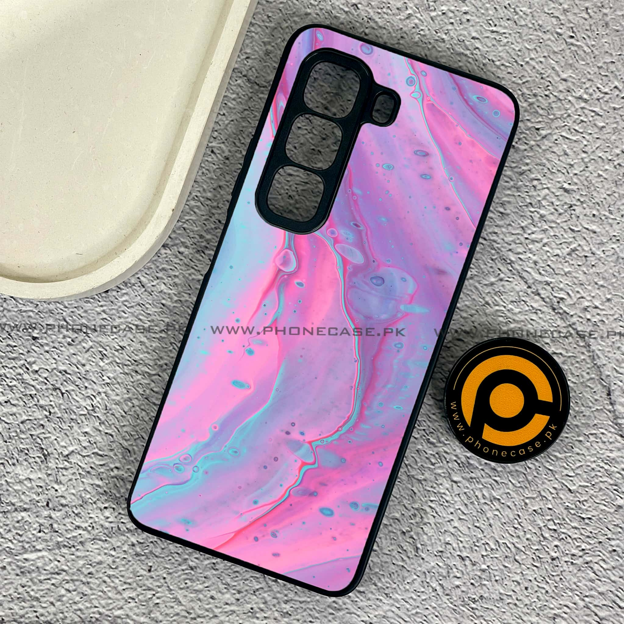 Infinix Hot 50 Pro - Pink Marble 2.0 Series - Premium Printed Glass soft Bumper shock Proof Case