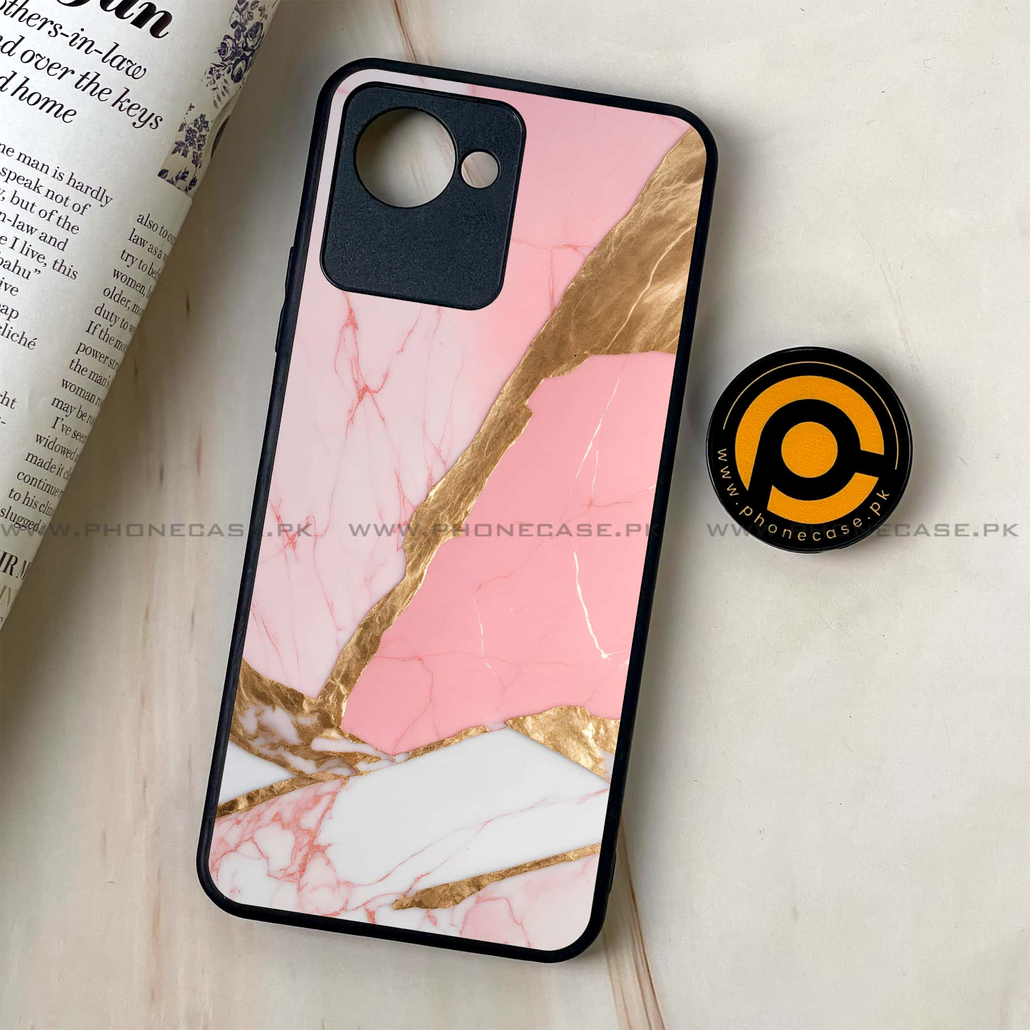 Realme C30 - Pink Marble 2.0 Series - Premium Printed Glass soft Bumper shock Proof Case