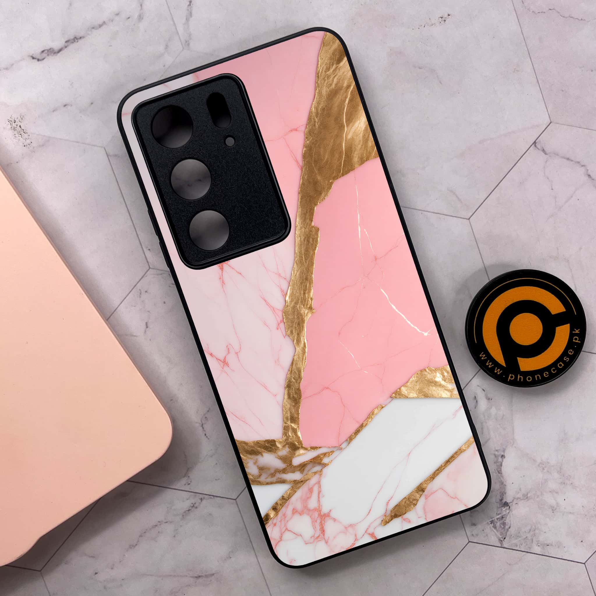 Realme C75x 4G - Pink Marble 2.0 Series - Premium Metal Printed soft Bumper shock Proof Case
