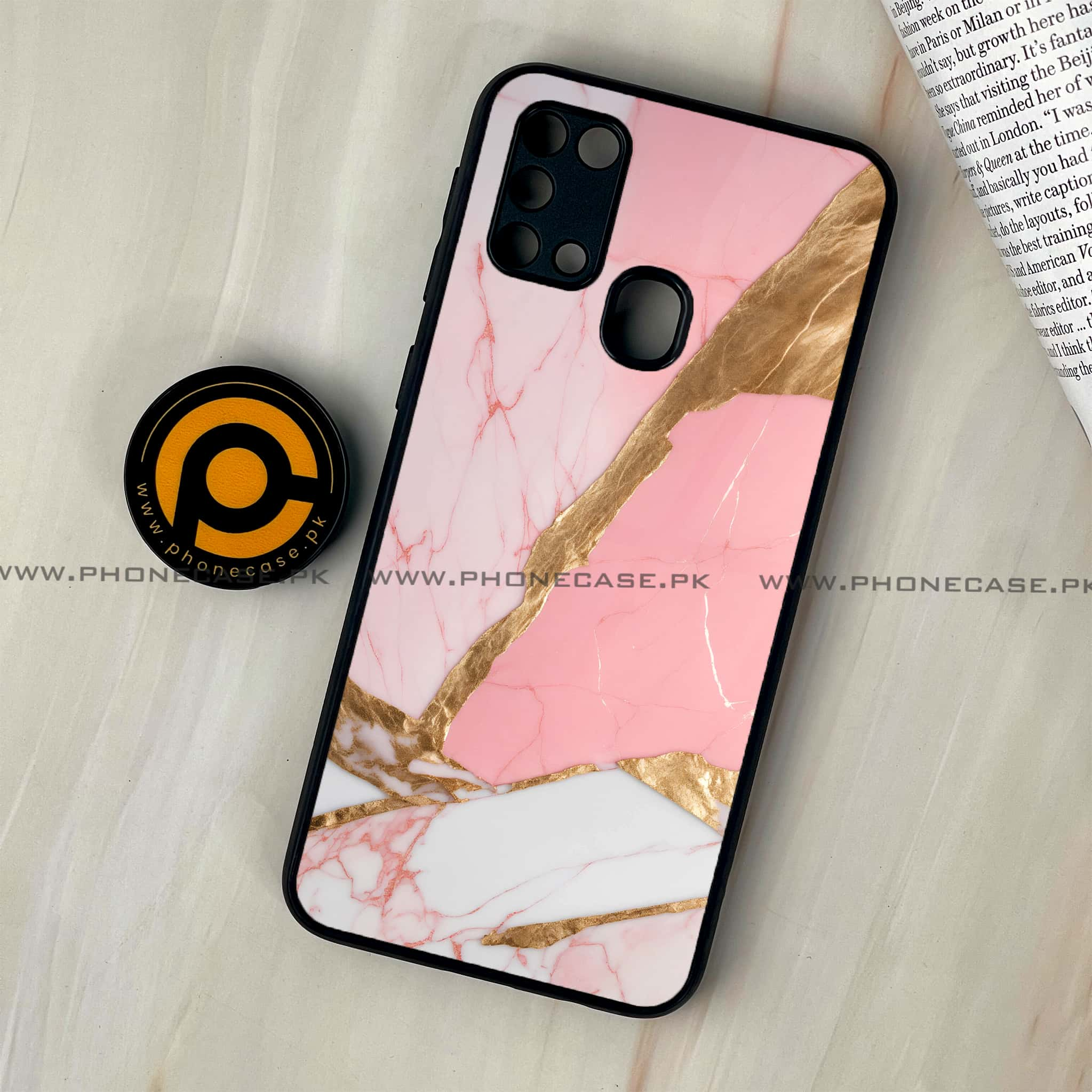 Galaxy M31 - Pink Marble 2.0 Series - Premium Printed Glass soft Bumper shock Proof Case