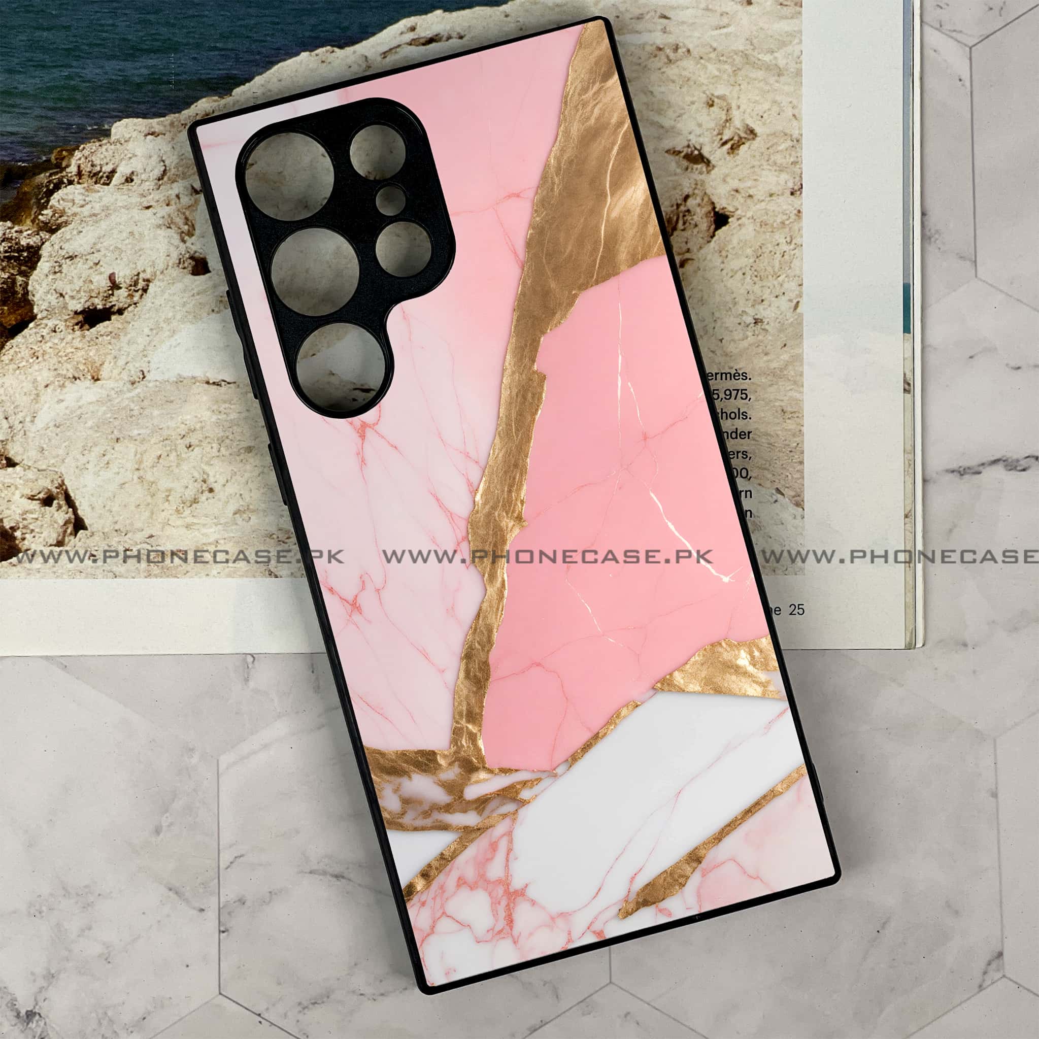 Samsung Galaxy S22 Ultra - Pink Marble 2.0 Series - Premium Metal Printed soft Bumper shock Proof Case