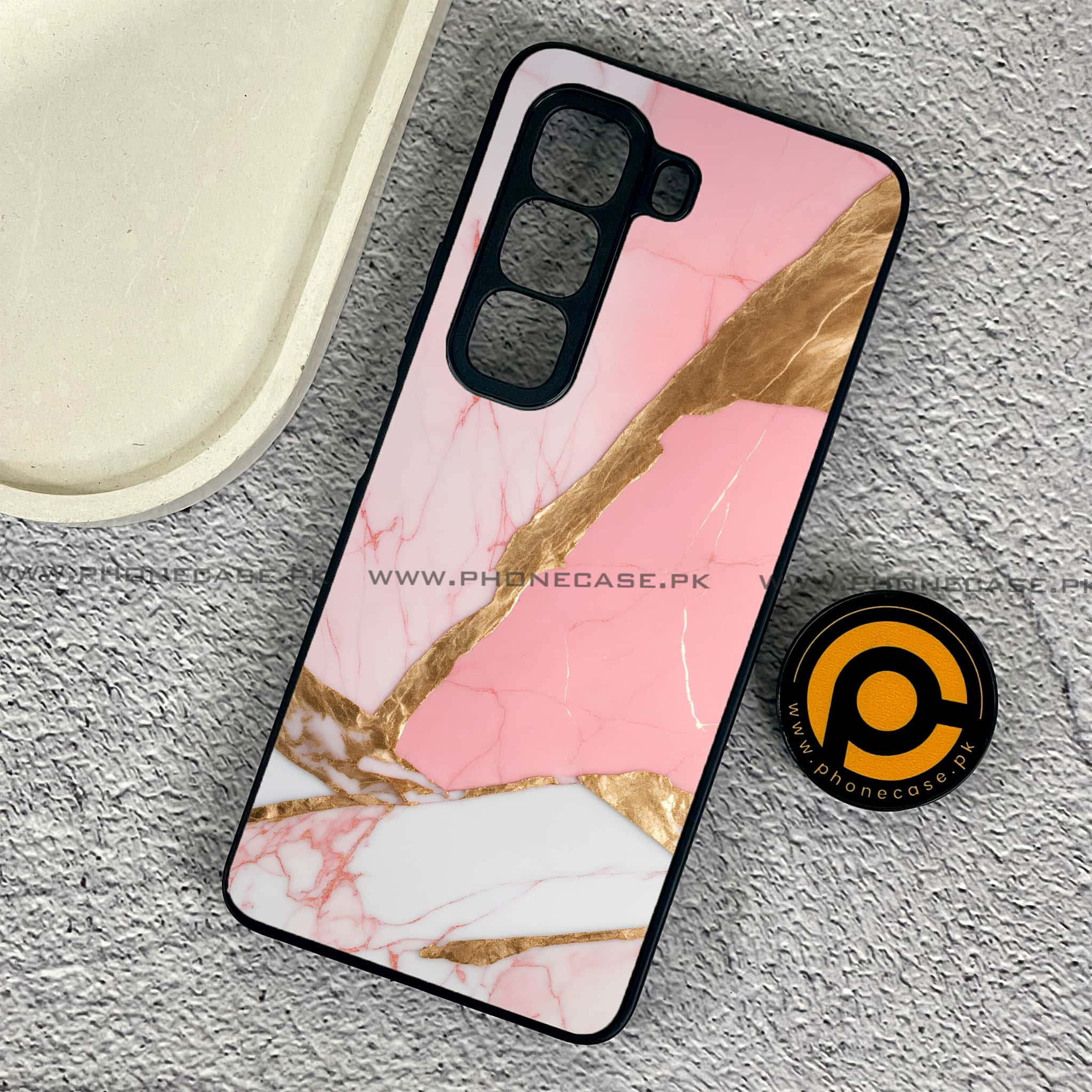 Infinix Hot 50 Pro - Pink Marble 2.0 Series - Premium Printed Glass soft Bumper shock Proof Case