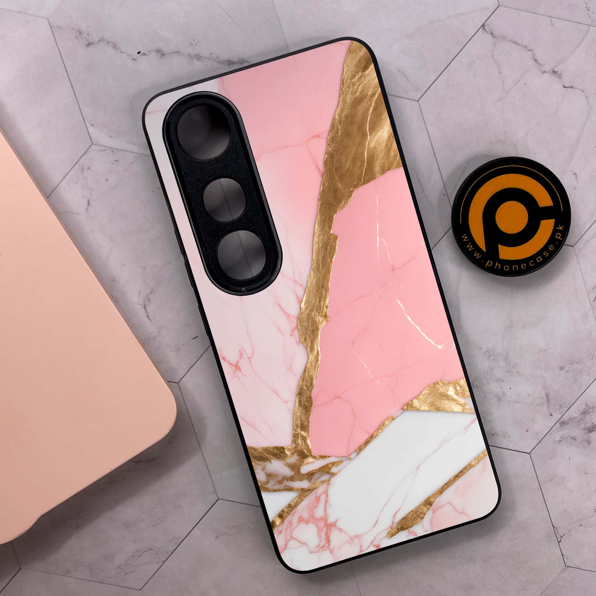 Vivo V50 Lite - Pink Marble 2.0 Series - Premium Metal Printed soft Bumper shock Proof Case