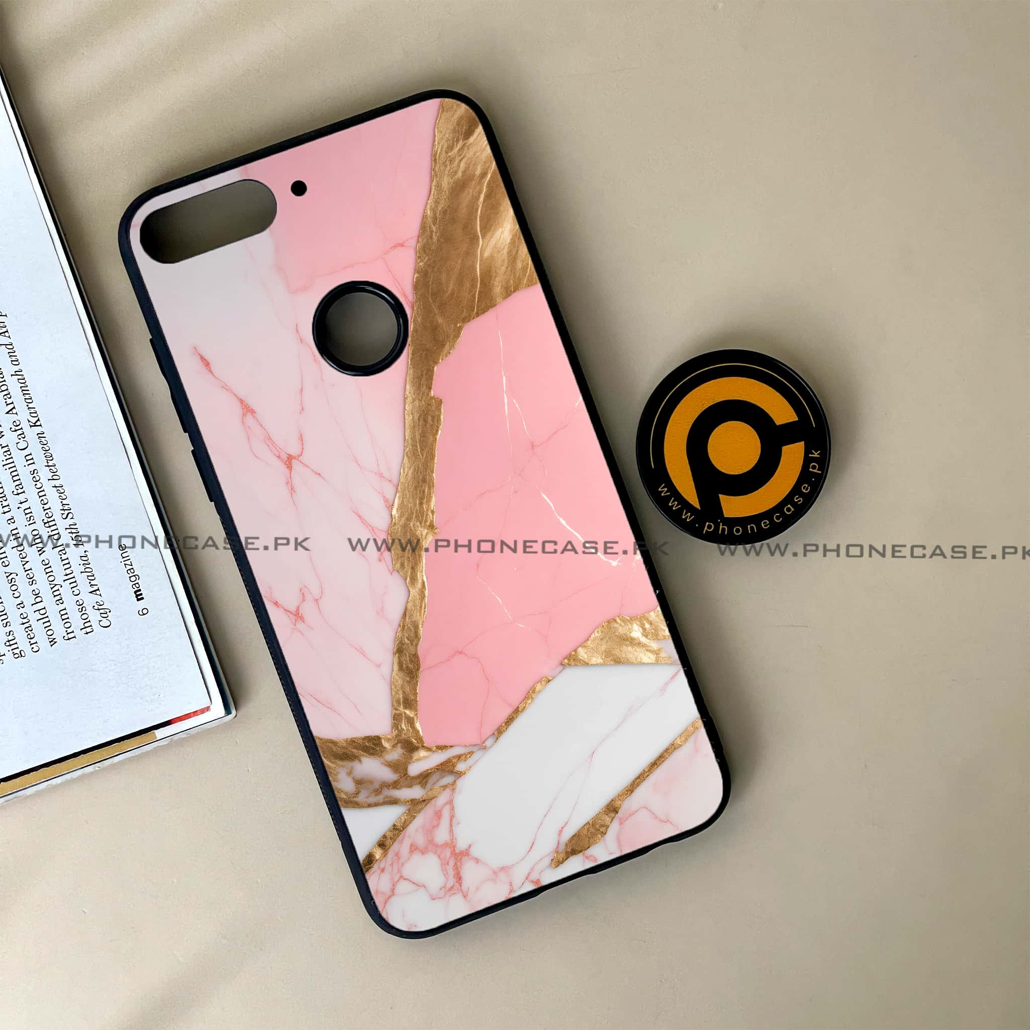 Huawei Y7 Prime (2018) - Pink Marble 2.0 Series - Premium Printed Glass soft Bumper shock Proof Case