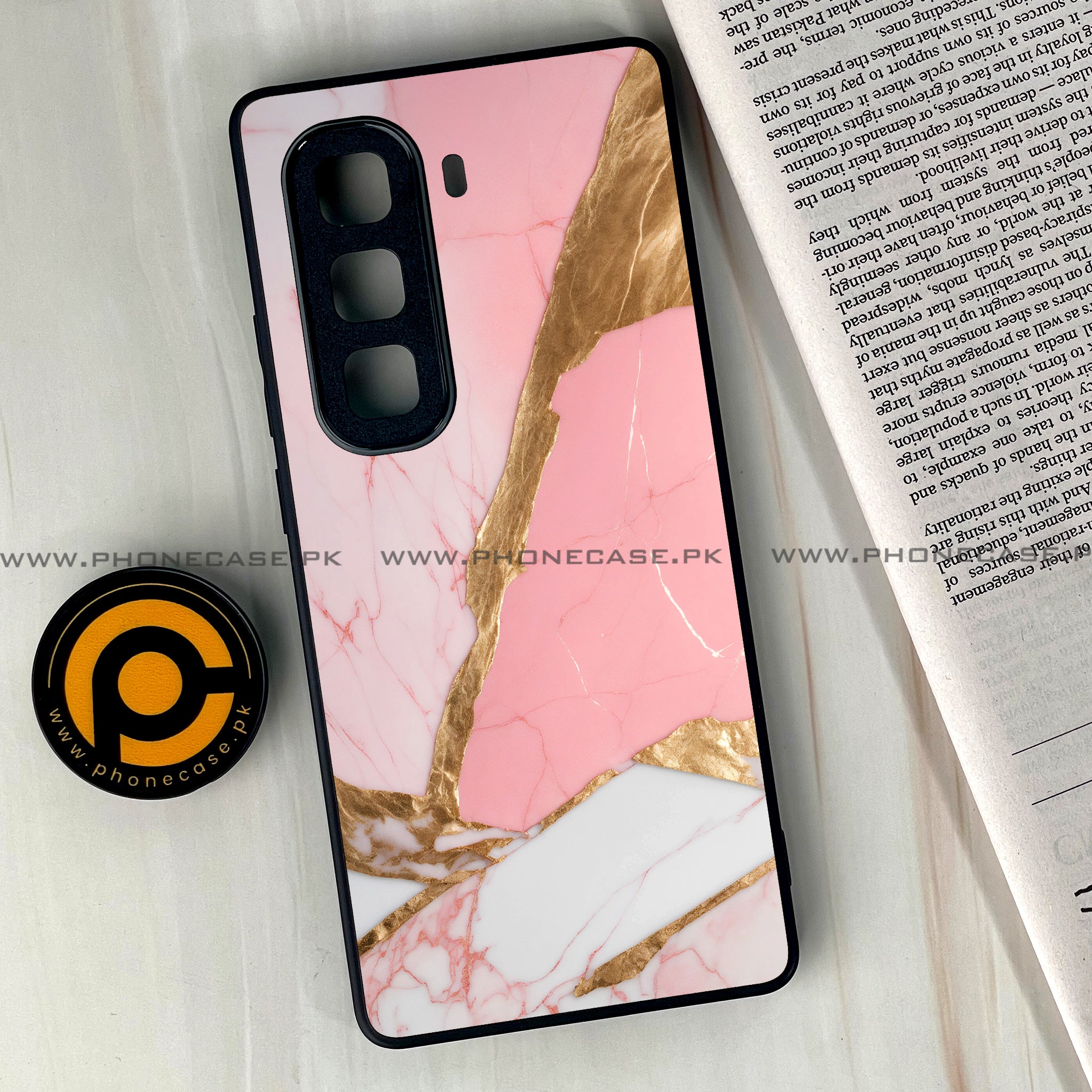 Infinix Hot 50 Pro Plus - Pink Marble 2.0 Series - Premium Printed Glass soft Bumper shock Proof Case