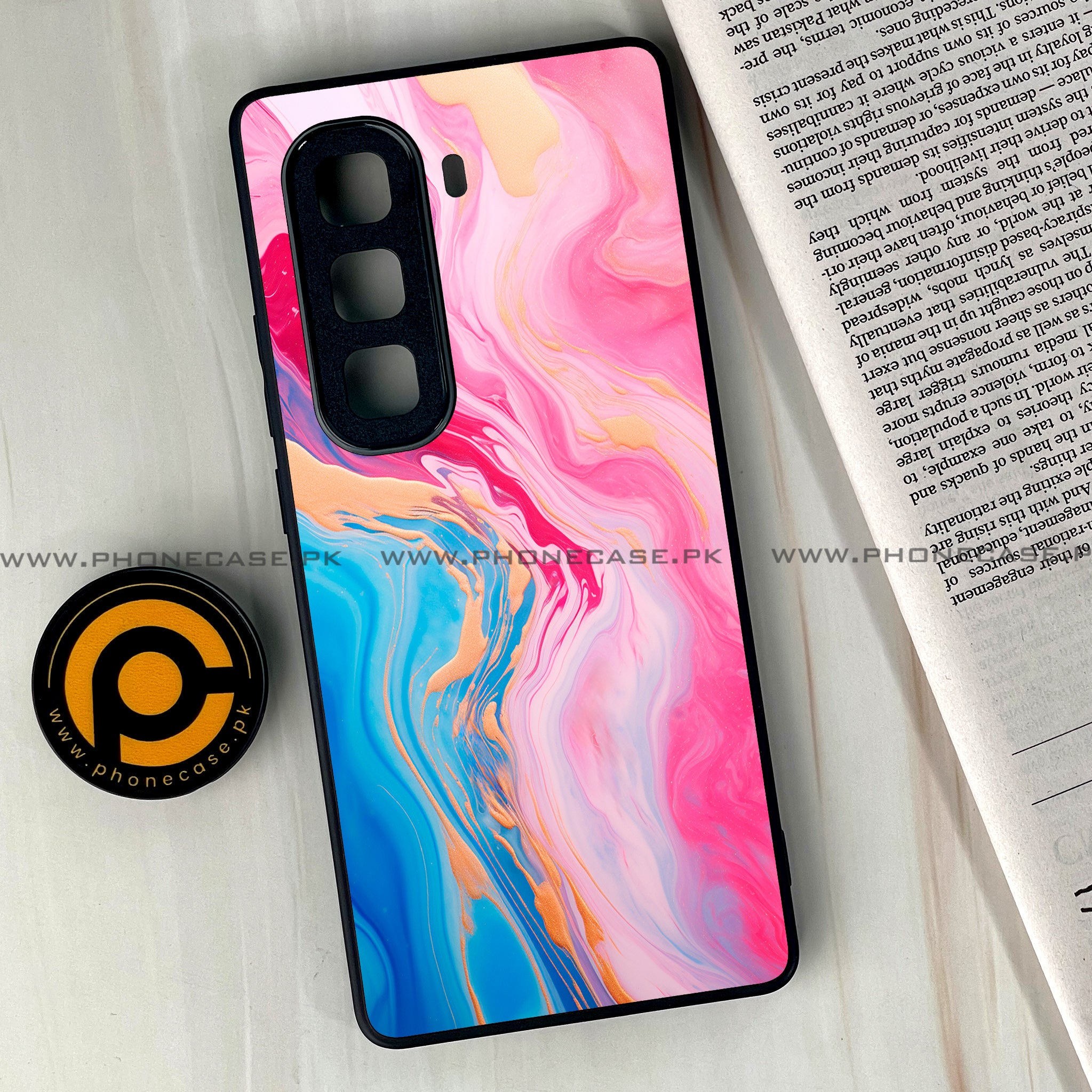 Infinix Hot 50 Pro Plus - Pink Marble 2.0 Series - Premium Printed Glass soft Bumper shock Proof Case