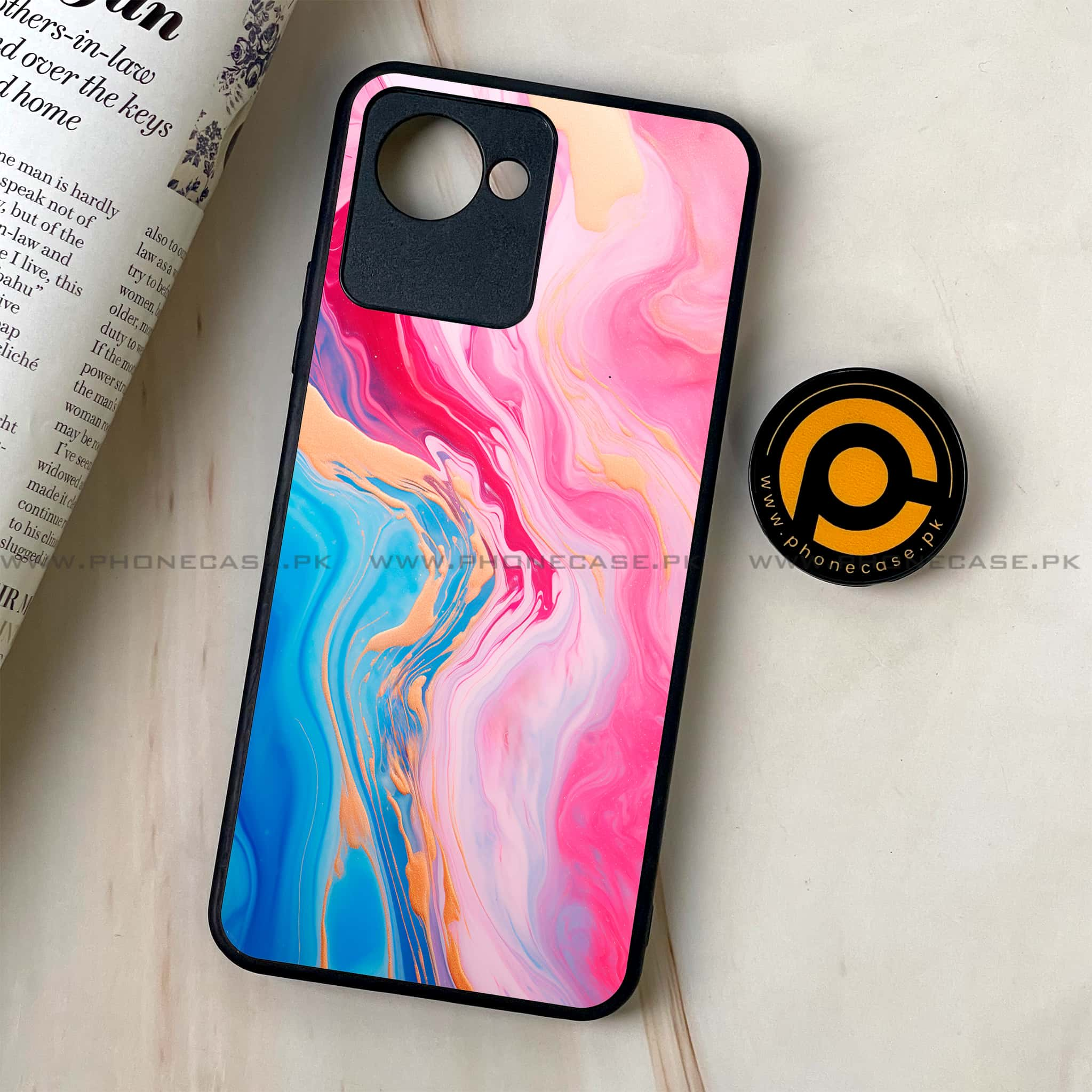 Realme C30 - Pink Marble 2.0 Series - Premium Printed Glass soft Bumper shock Proof Case