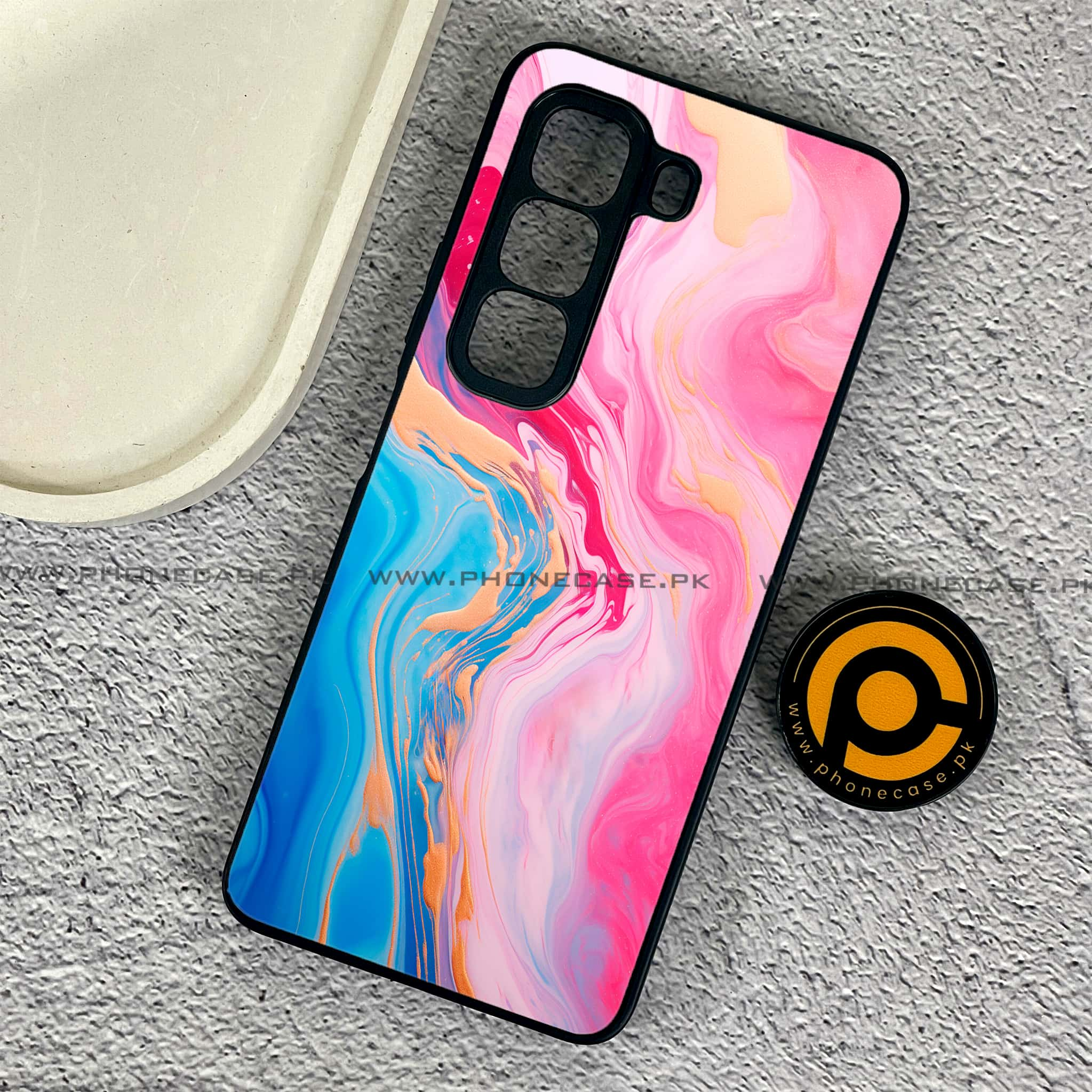 Infinix Hot 50 Pro - Pink Marble 2.0 Series - Premium Printed Glass soft Bumper shock Proof Case