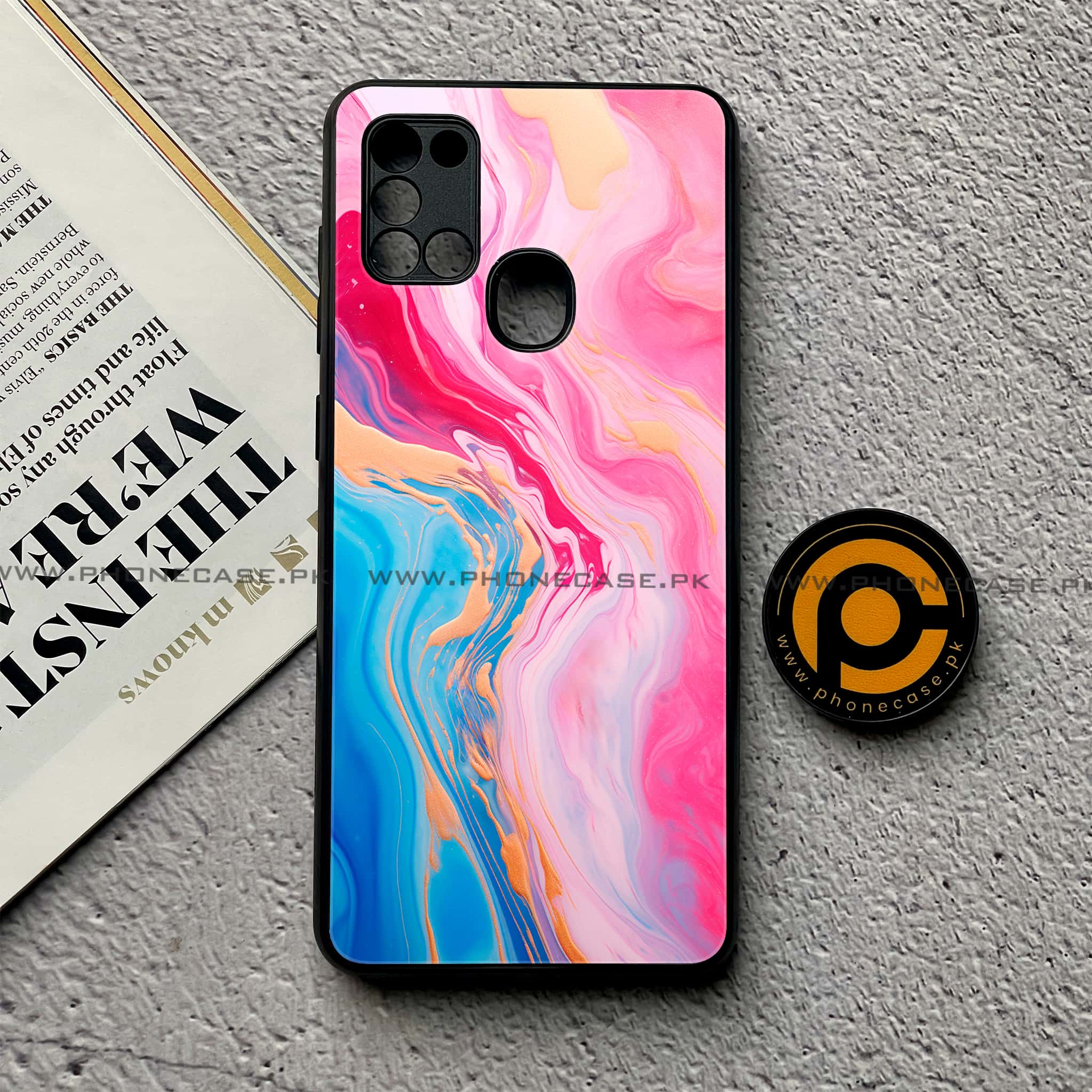 Samsung Galaxy A21s - Pink Marble 2.0 Series - Premium Printed Glass soft Bumper shock Proof Case