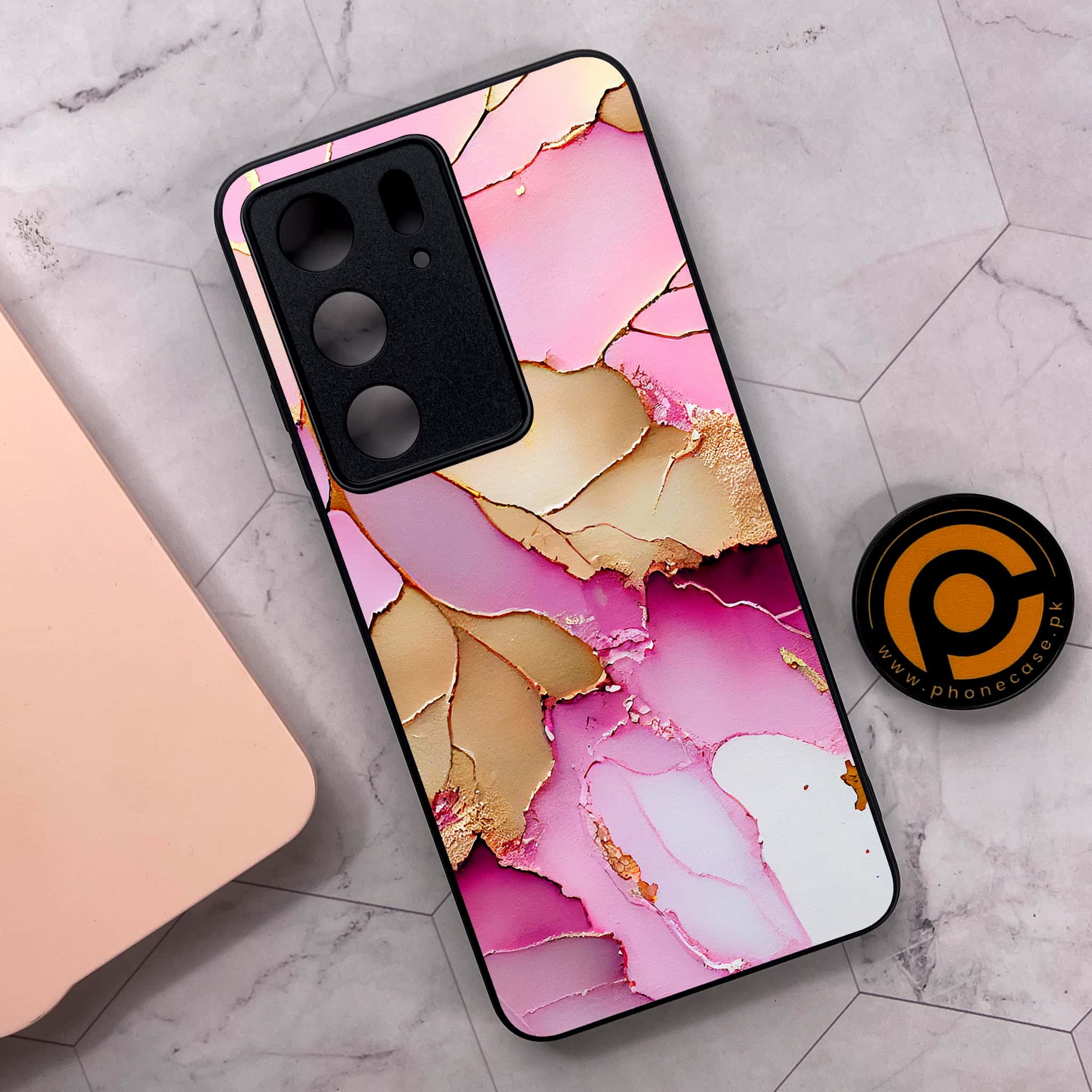 Realme C75x 4G - Pink Marble 2.0 Series - Premium Metal Printed soft Bumper shock Proof Case