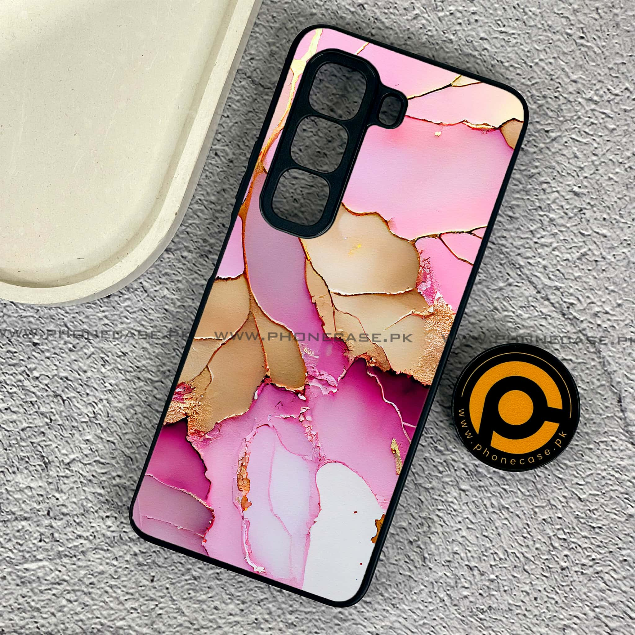 Infinix Hot 50 Pro - Pink Marble 2.0 Series - Premium Printed Glass soft Bumper shock Proof Case