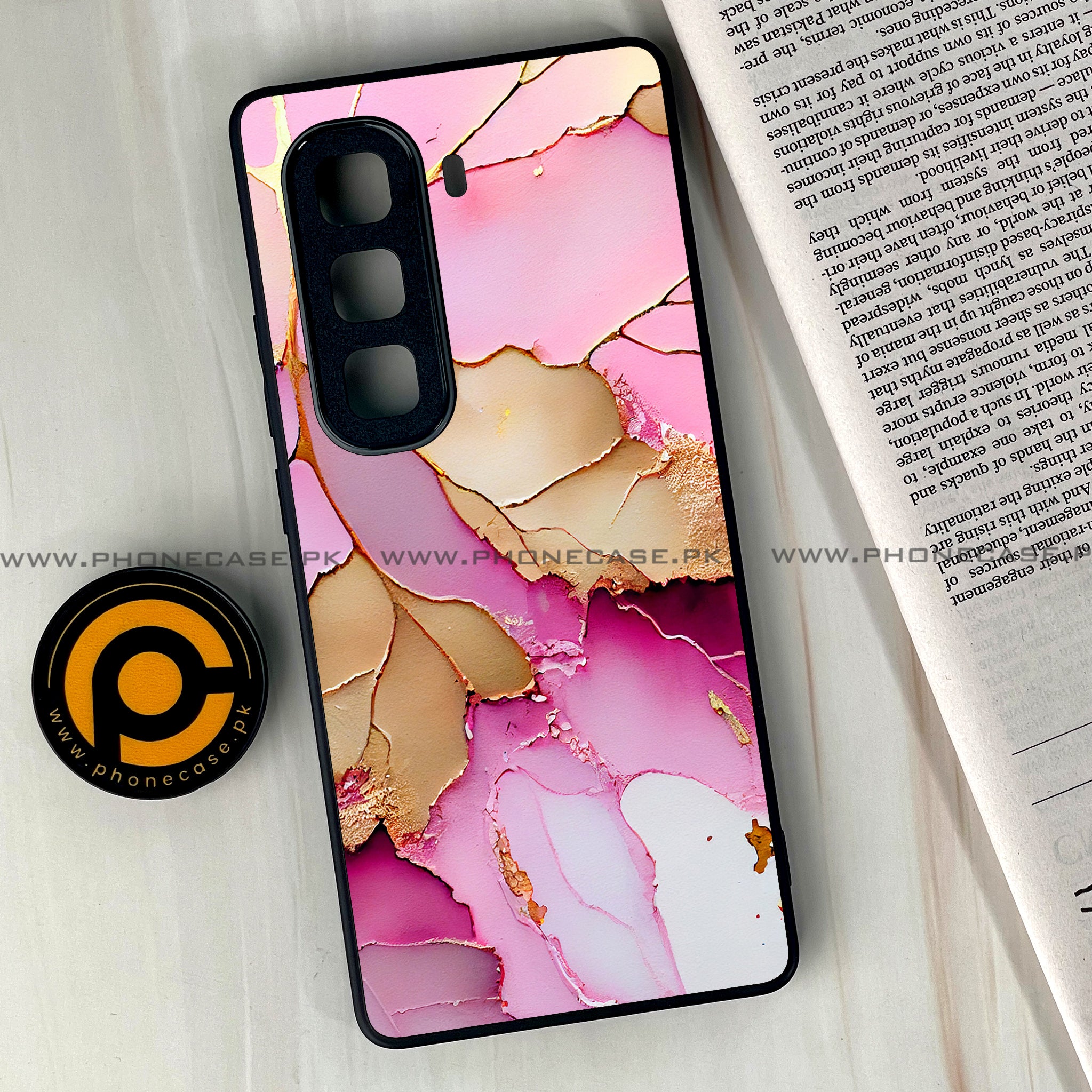 Infinix Hot 50 Pro Plus - Pink Marble 2.0 Series - Premium Printed Glass soft Bumper shock Proof Case