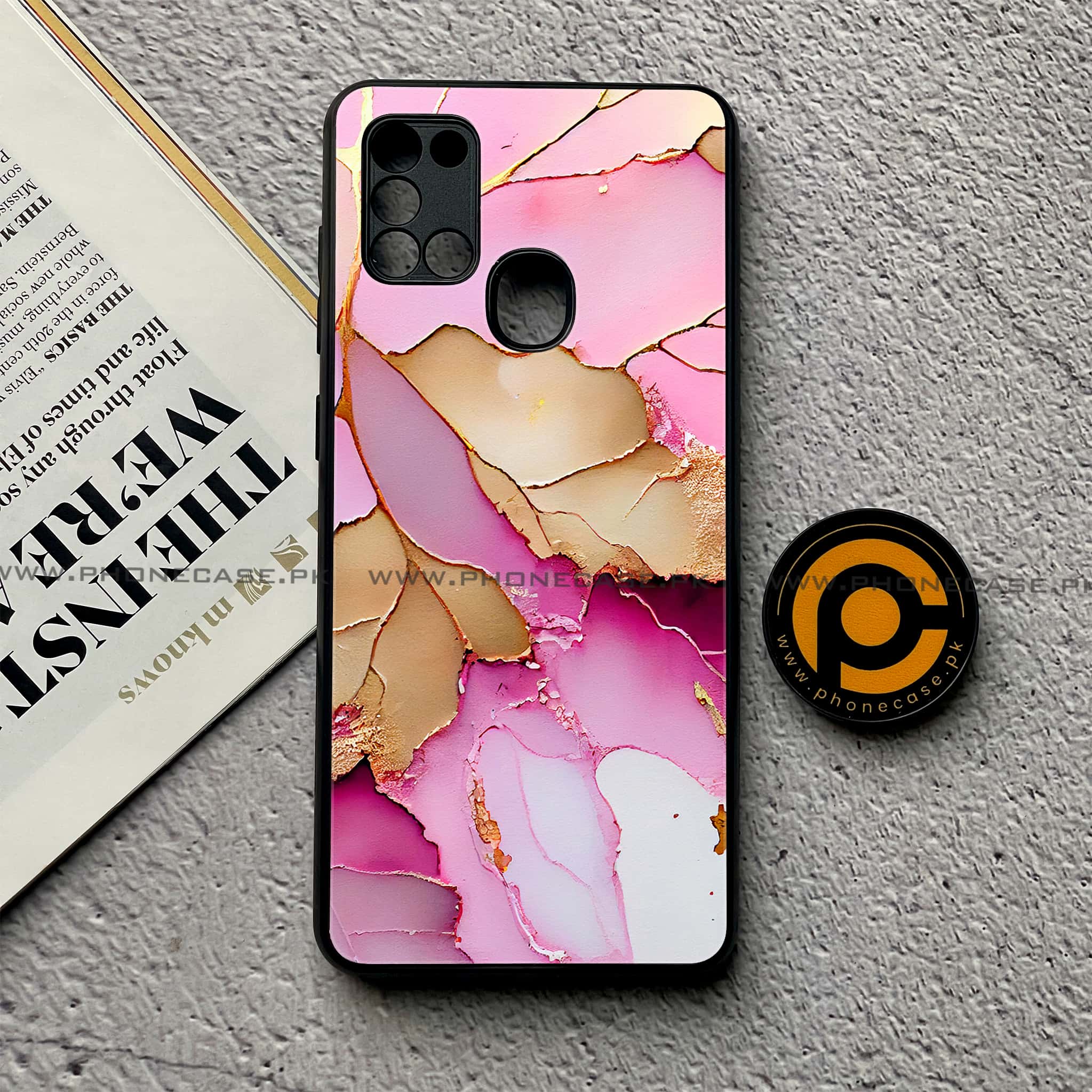 Samsung Galaxy A21s - Pink Marble 2.0 Series - Premium Printed Glass soft Bumper shock Proof Case