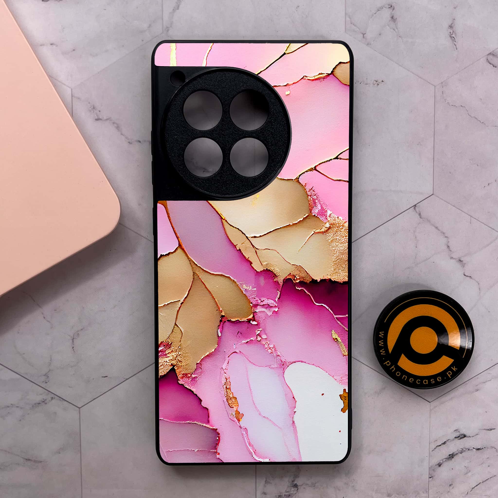 OnePlus 12R - Pink Marble 2.0 Series - Premium Metal Printed soft Bumper shock Proof Case