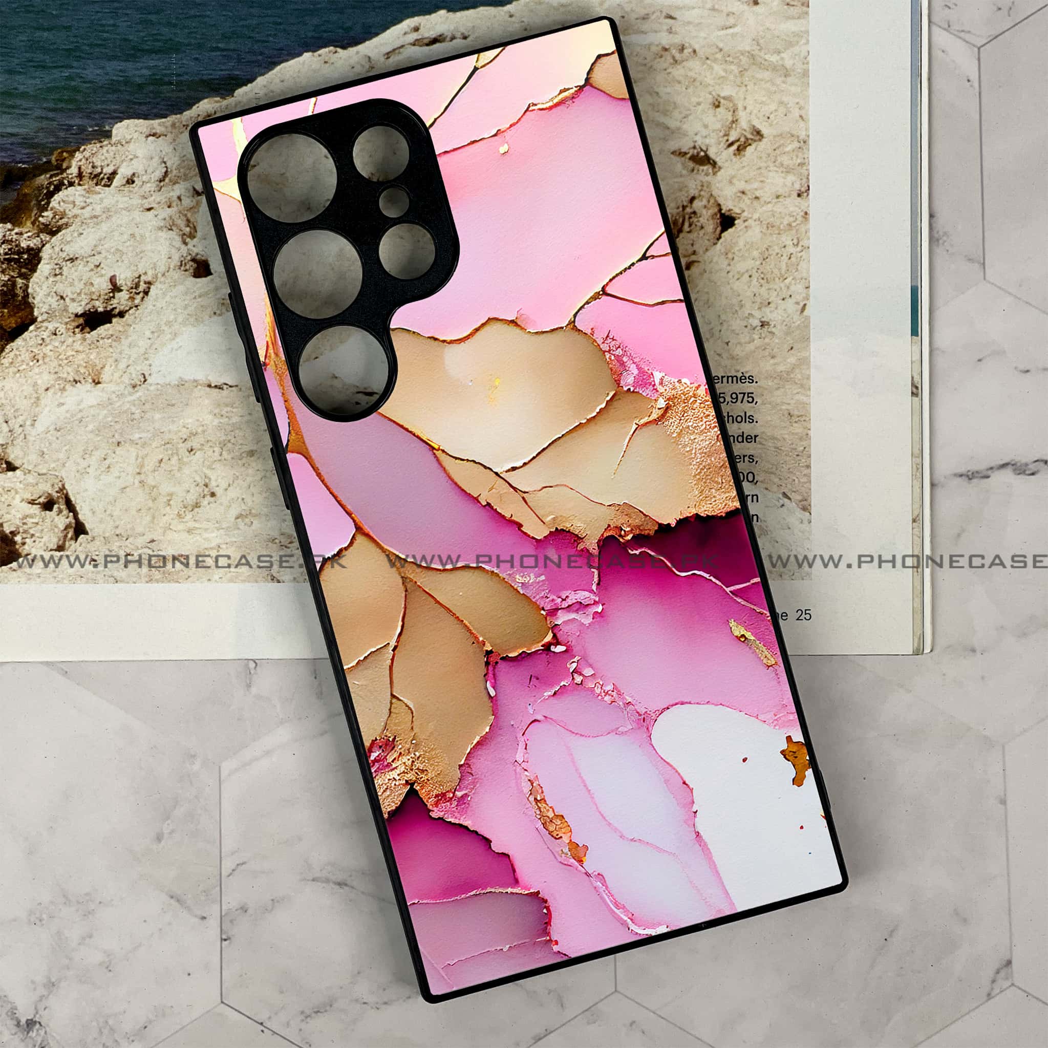 Samsung Galaxy S22 Ultra - Pink Marble 2.0 Series - Premium Metal Printed soft Bumper shock Proof Case